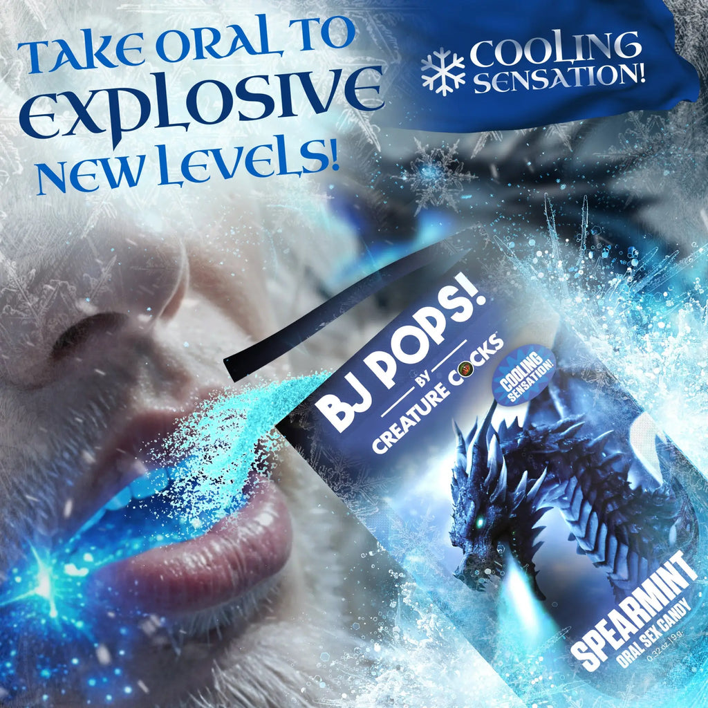 Creature Cocks BJ Pops Spearmint cooling candy package with dragon graphic, frosty blue theme, and text overlay.