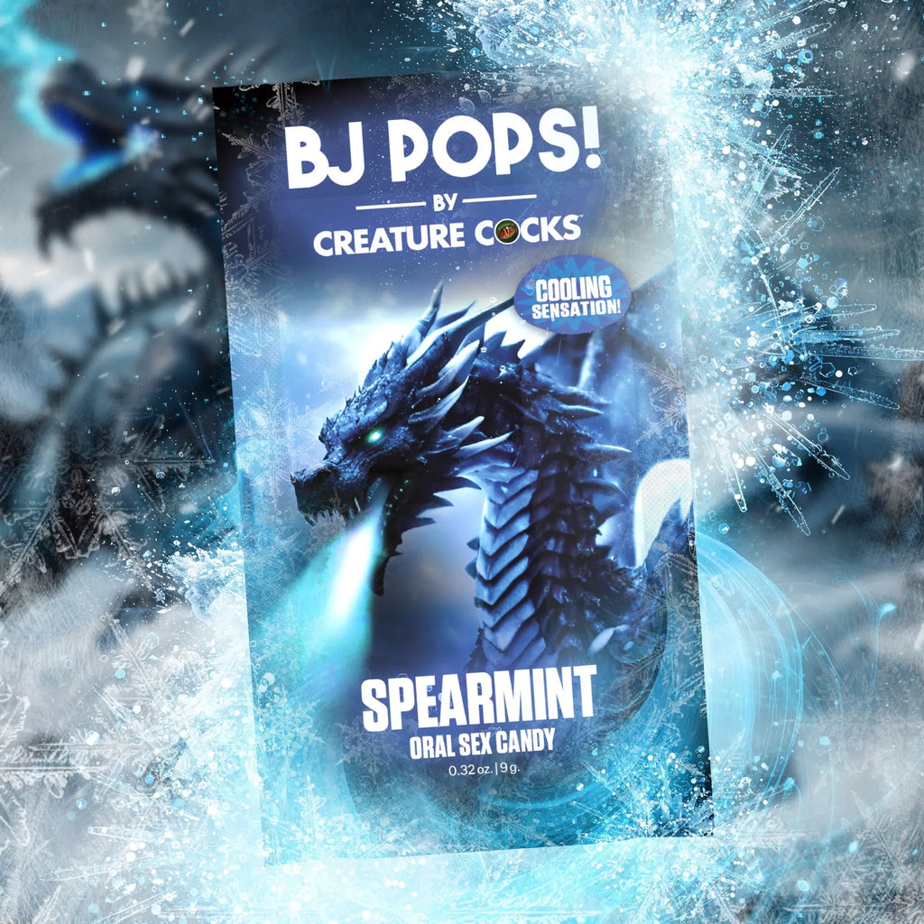 Creature Cocks BJ Pops spearmint cooling oral sex candy packaging featuring a blue, icy dragon design.