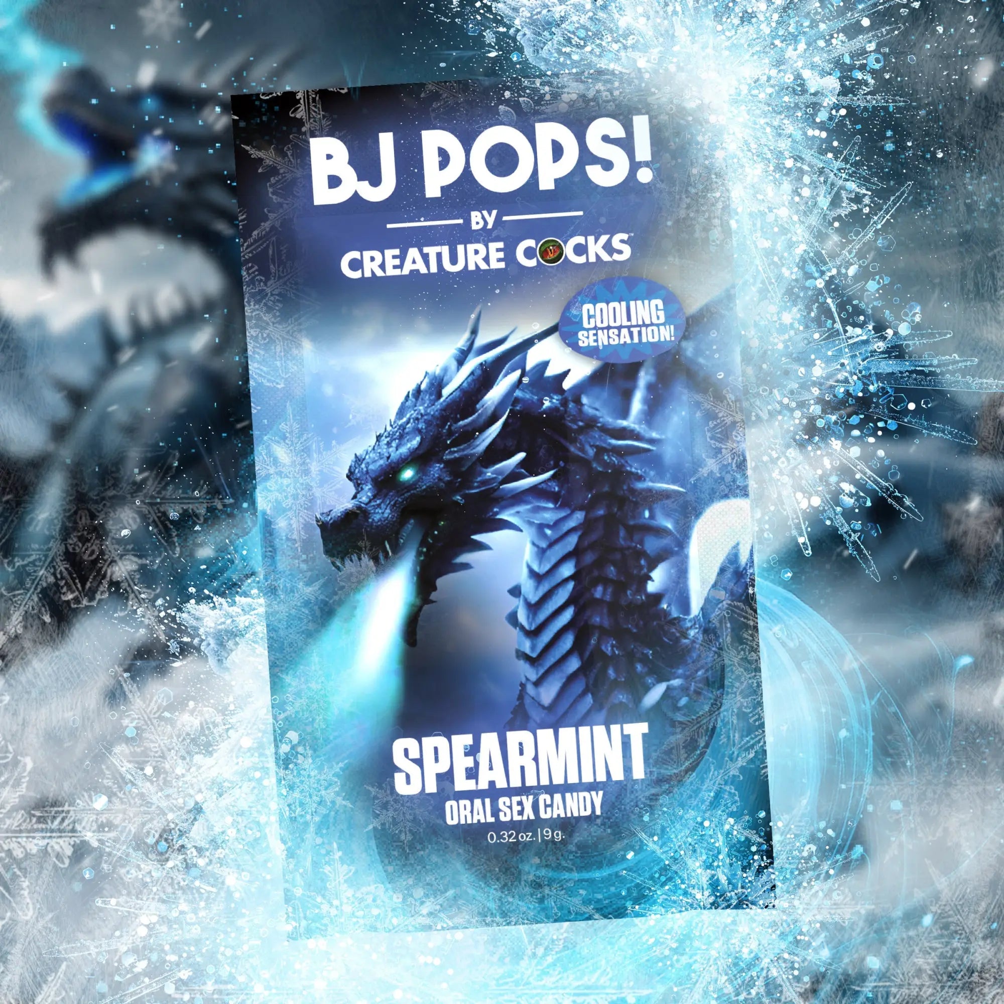 Creature Cocks BJ Pops spearmint cooling oral sex candy packaging featuring a blue, icy dragon design.