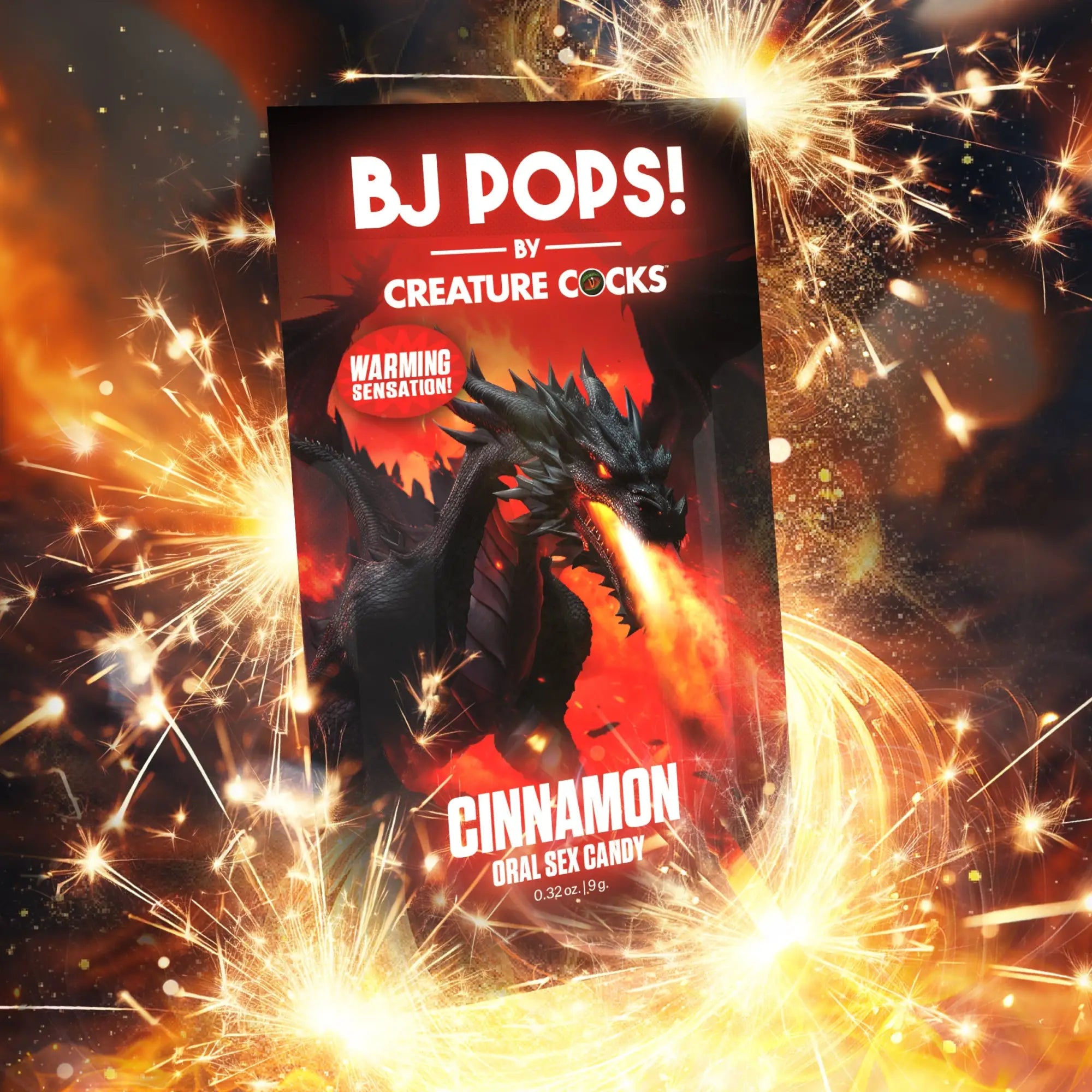 Creature Cocks BJ Pops Cinnamon oral candy packaging features a fire-breathing black dragon against a fiery background.
