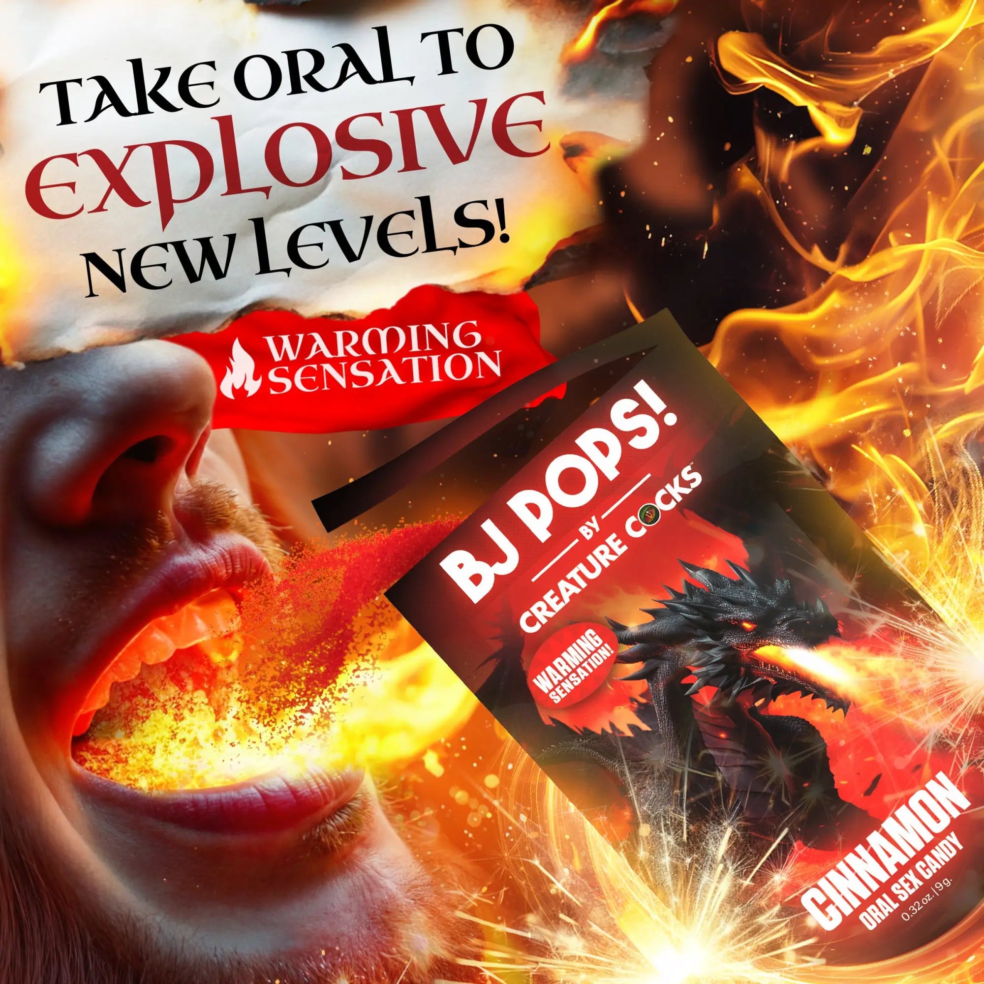 Creature Cocks BJ Pops cinnamon oral sex candy package featuring a fiery dragon graphic against an intense flame background.