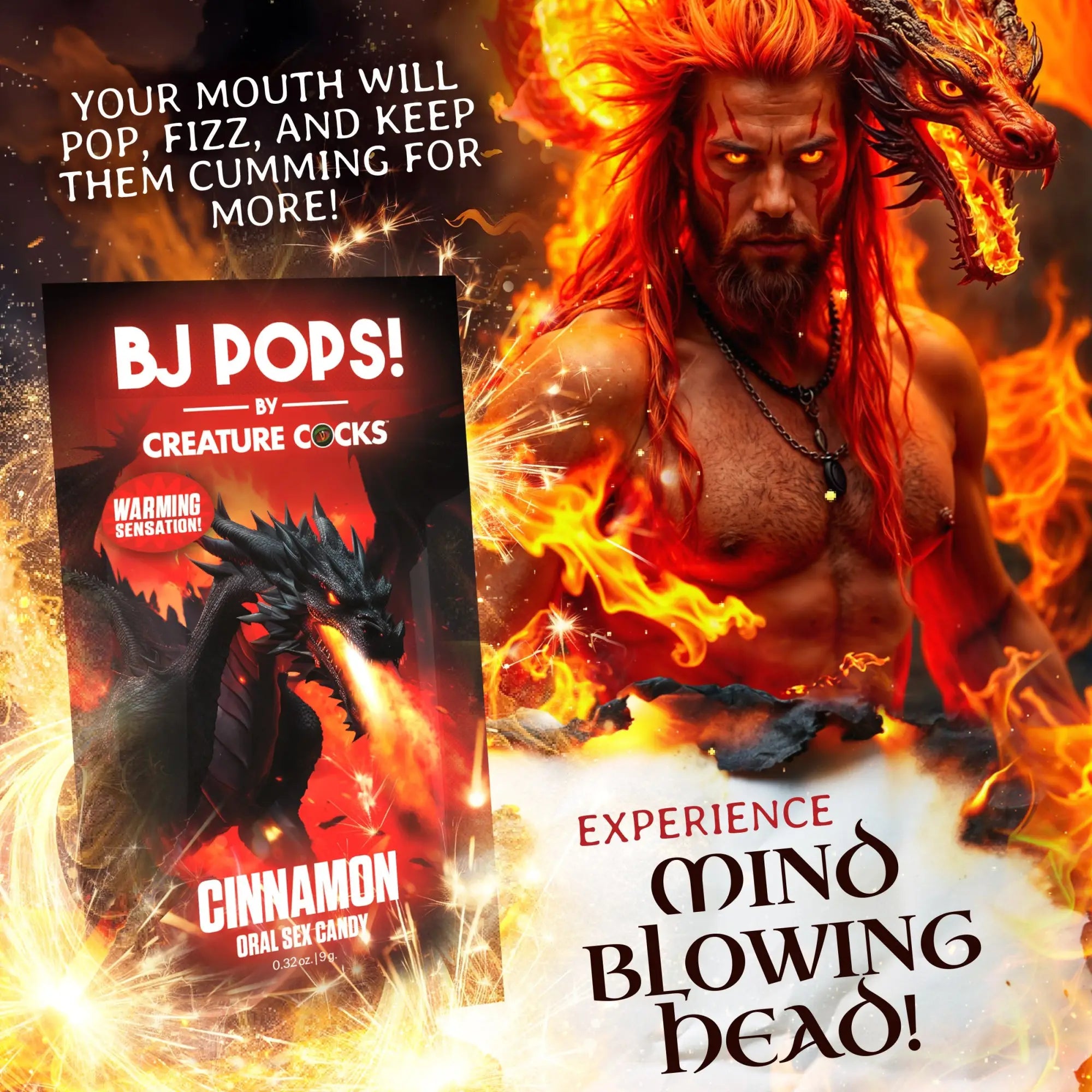 Creature Cocks BJ Pops Cinnamon oral sex candy packaging featuring a fiery dragon design next to a man with dragon traits.