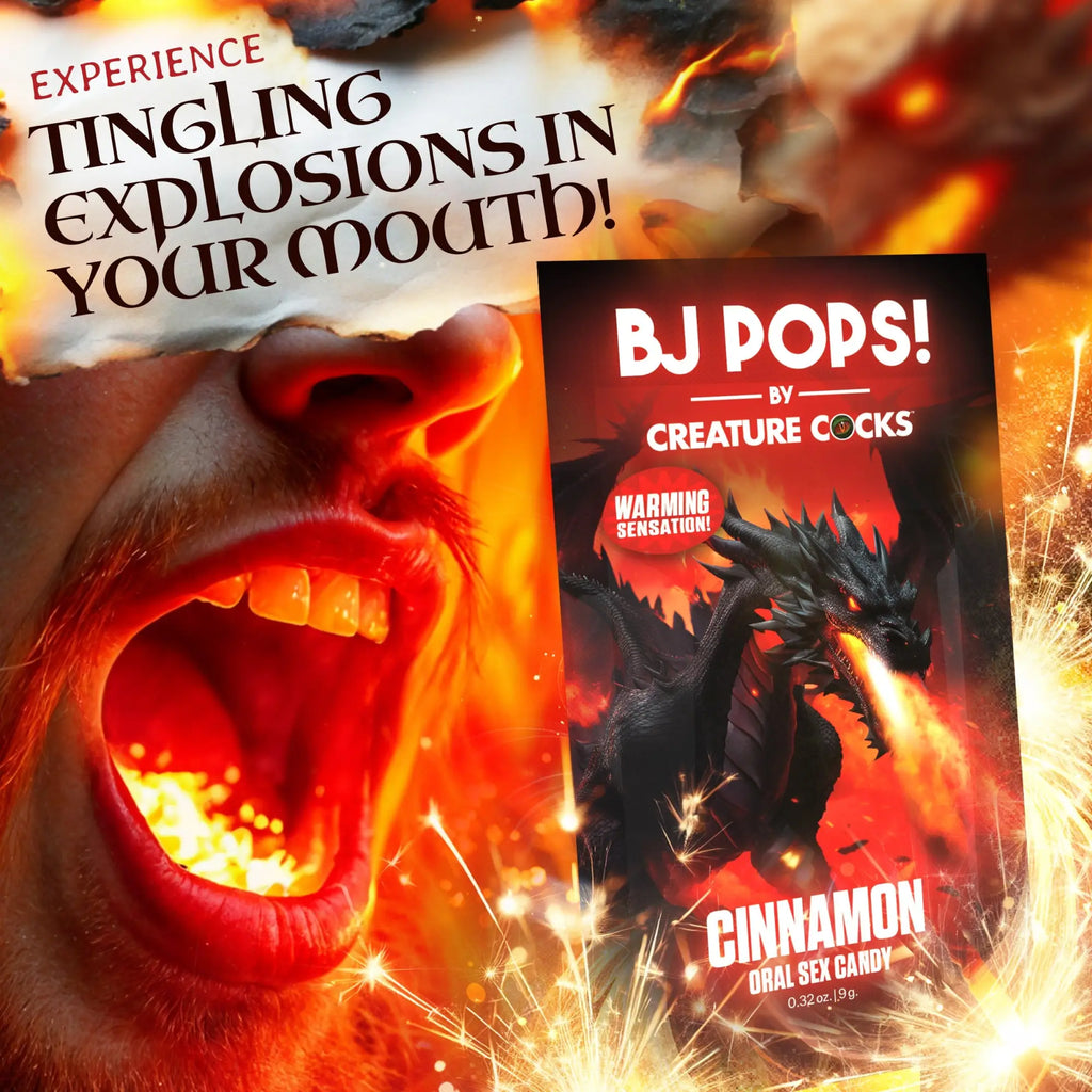 Creature Cocks BJ Pops cinnamon warming oral sex candy, featuring a black dragon graphic against a fiery red background.