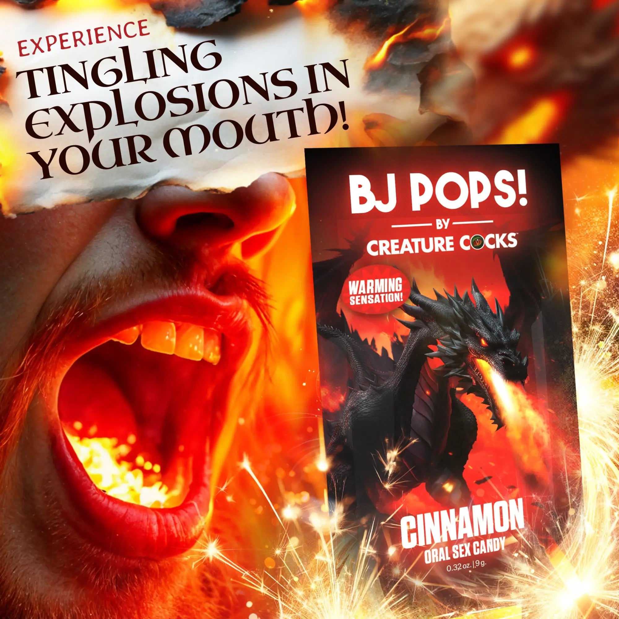 Creature Cocks BJ Pops cinnamon warming oral sex candy, featuring a black dragon graphic against a fiery red background.