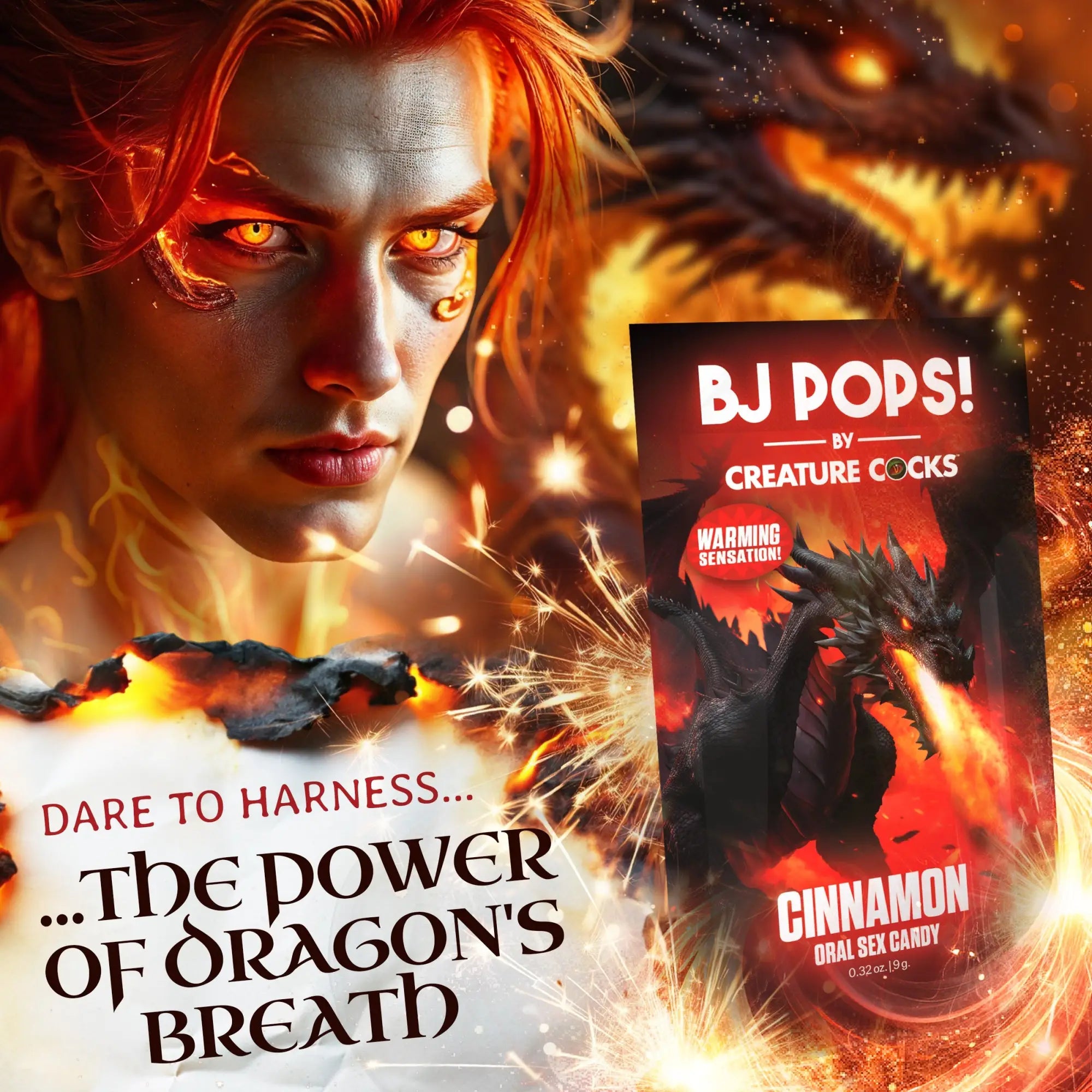 Creature Cocks BJ Pops Cinnamon oral candy packaging features a black dragon breathing fire against a fiery background.