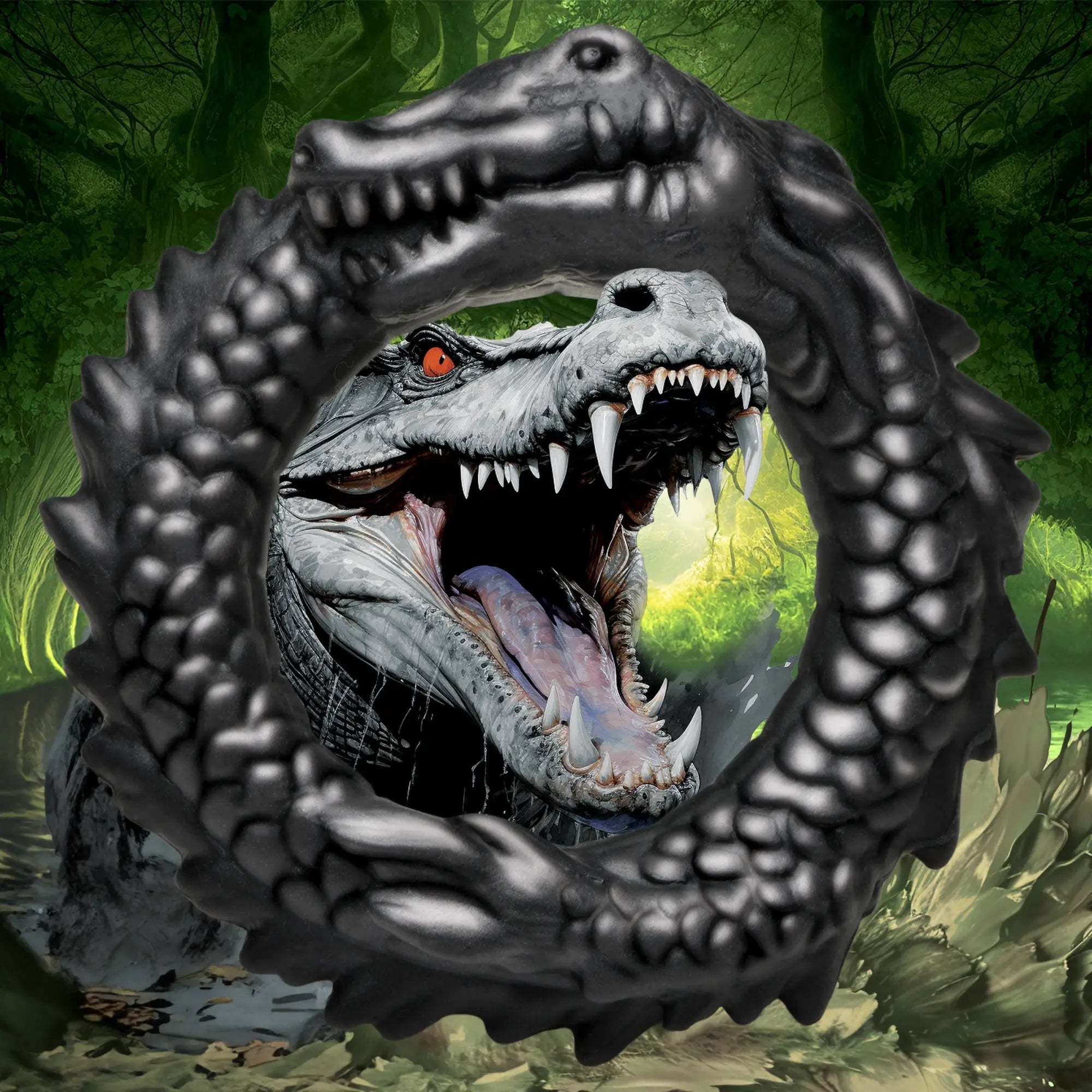 Creature Cocks Black Caiman silicone cock ring, textured like a caiman's body, set against a swampy jungle background.