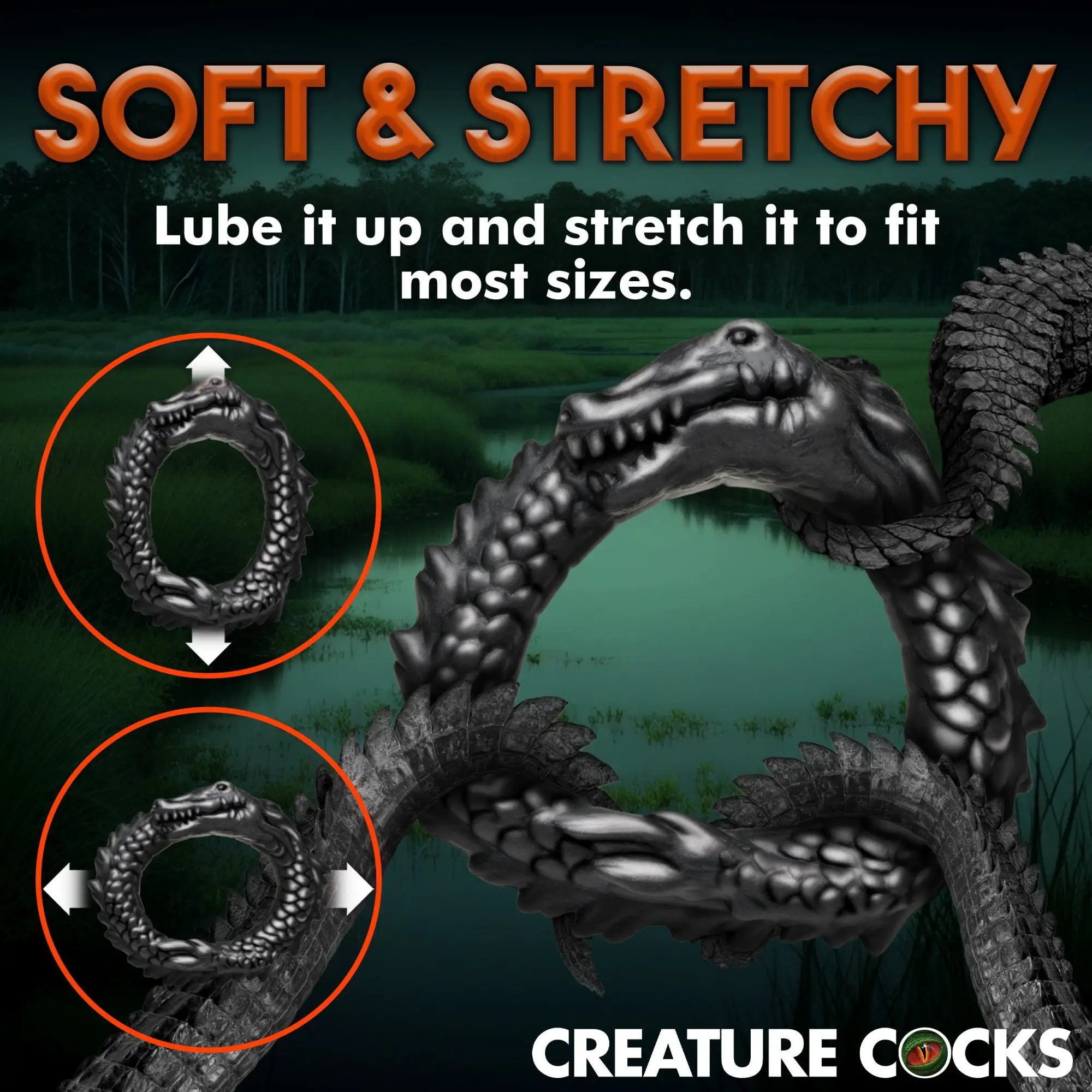 Creature Cocks Black Caiman silicone cock ring shown in a swamp background, highlighting its soft, stretchy design.