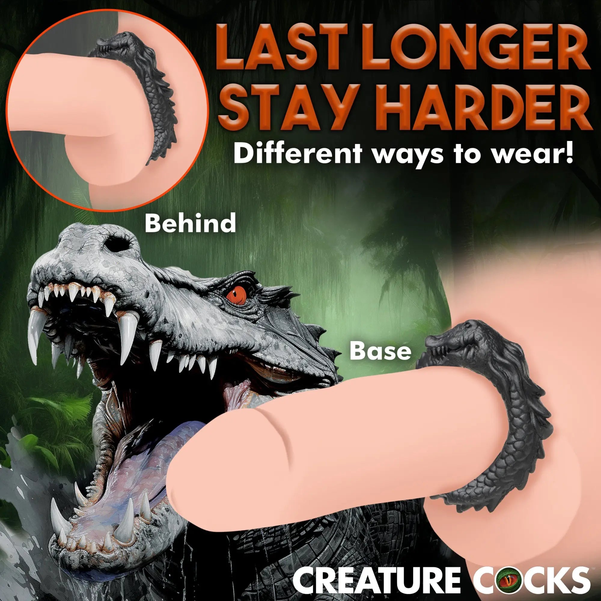 Creature Cocks black silicone caiman cock ring, shown worn two ways against a graphic background of a caiman.