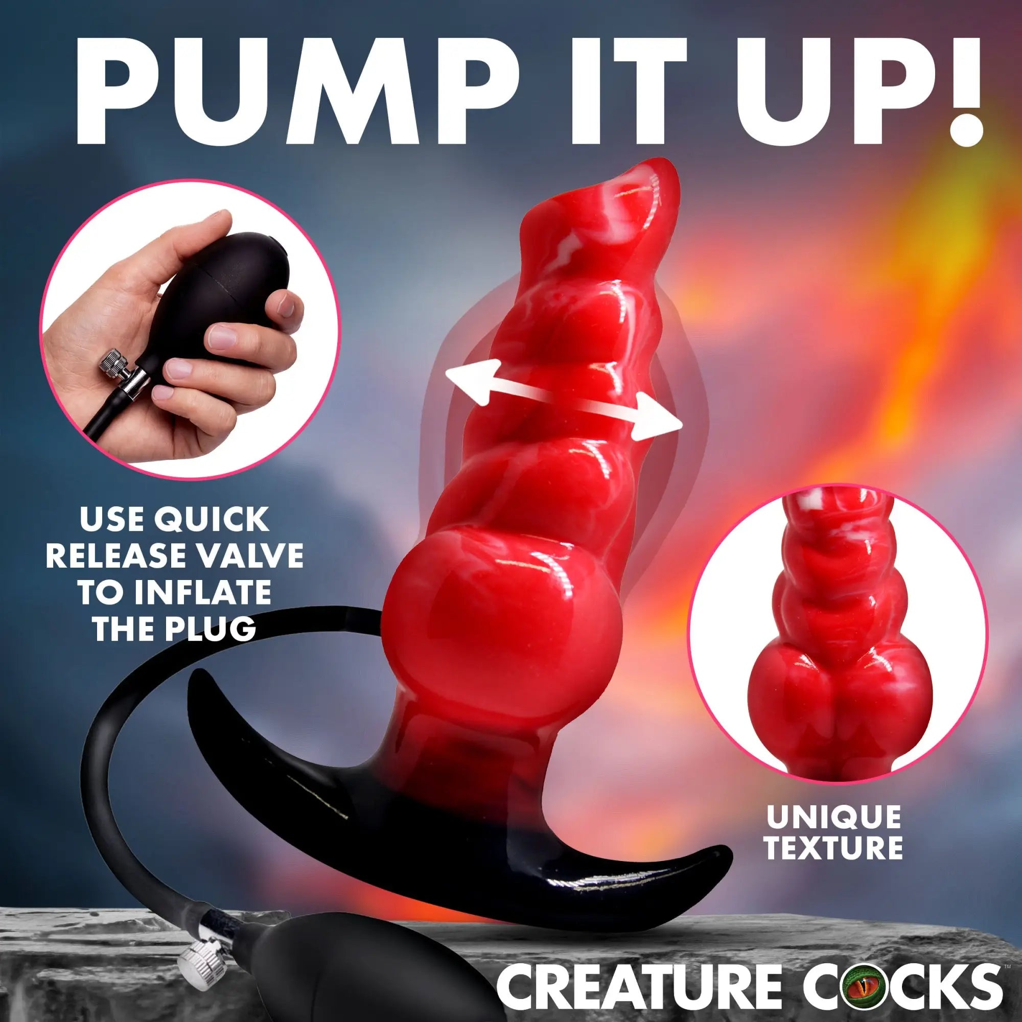 Creature Cocks Blaze inflatable red silicone anal plug with black base, hand pump, and textured, expandable design.