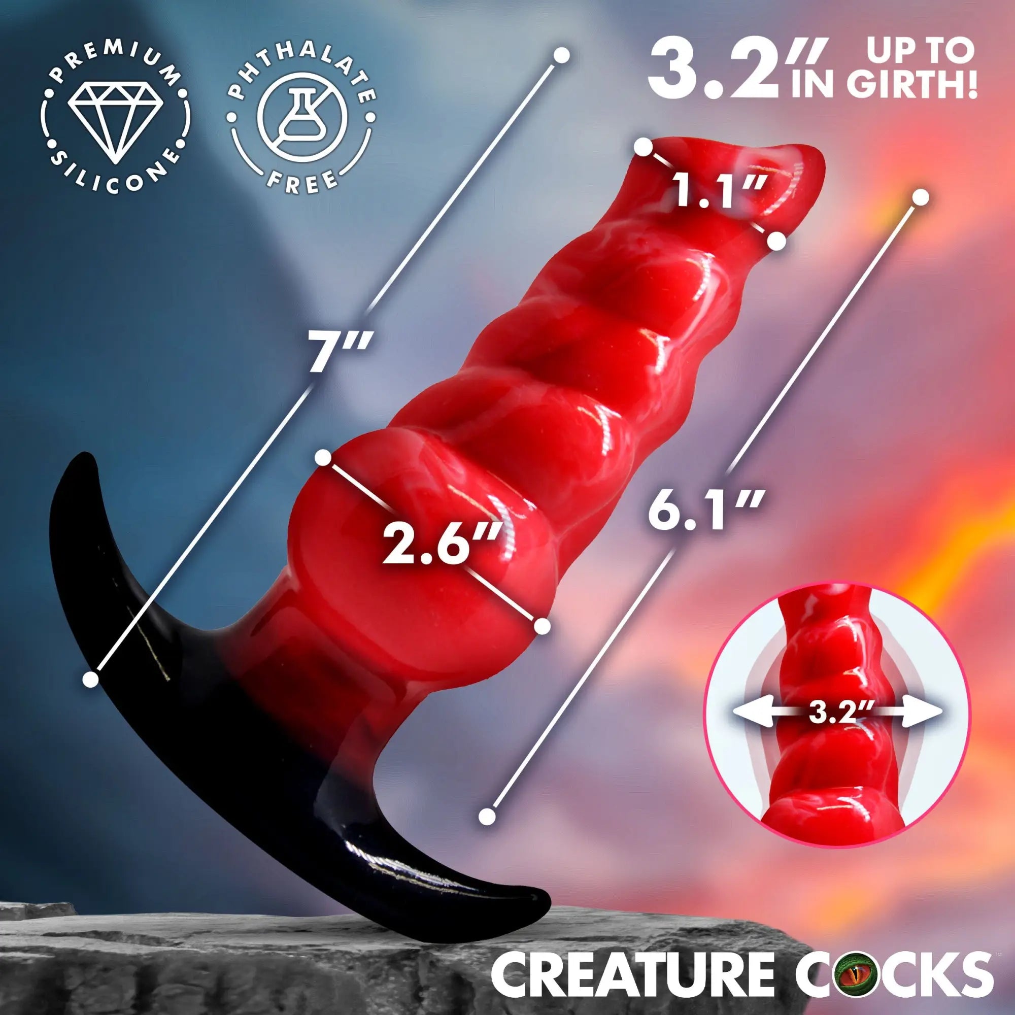 Creature Cocks Blaze inflatable red silicone anal plug with black base and dimension measurements shown on product image.