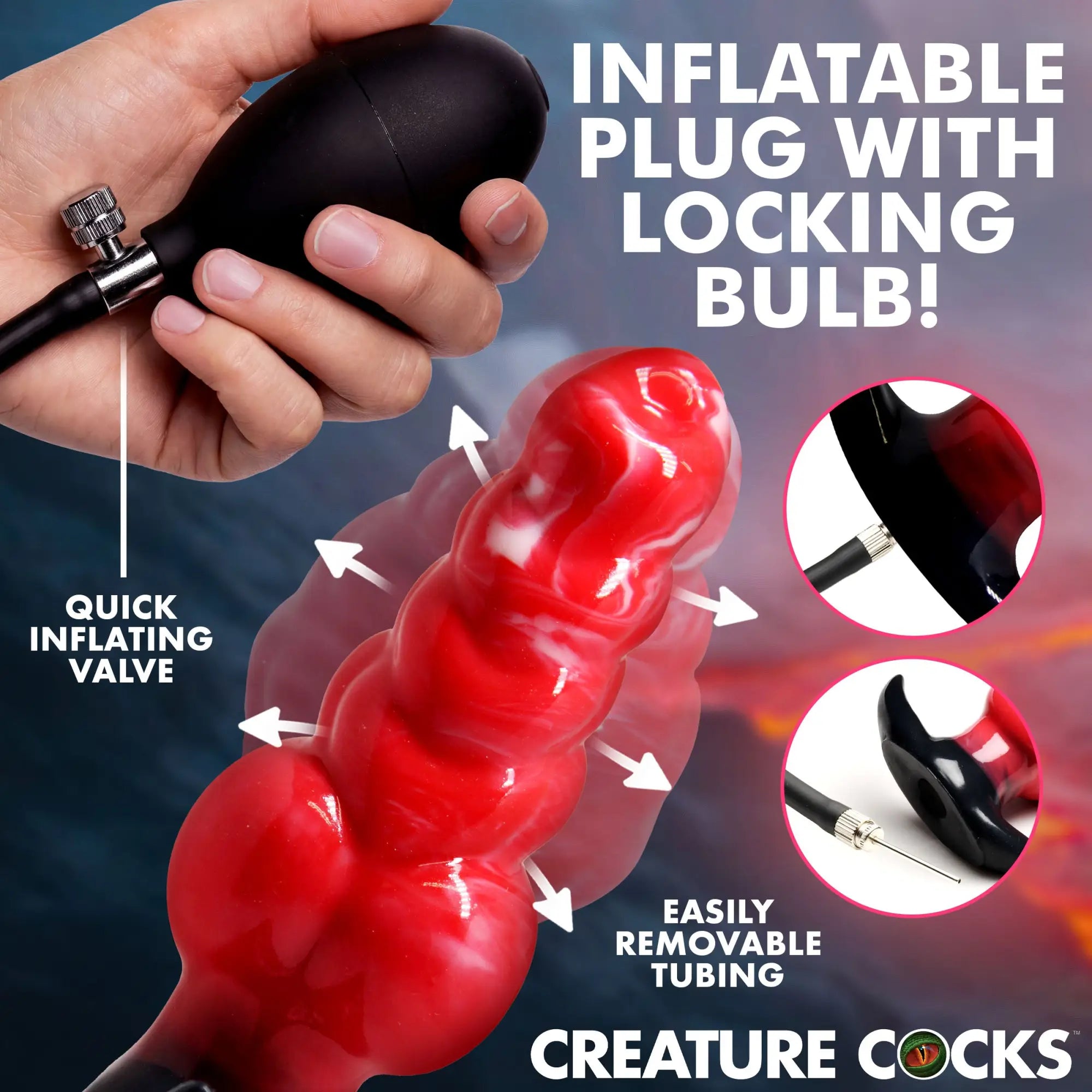 Creature Cocks Blaze inflatable red silicone anal plug with a black manual inflation bulb, valve, and removable tubing.