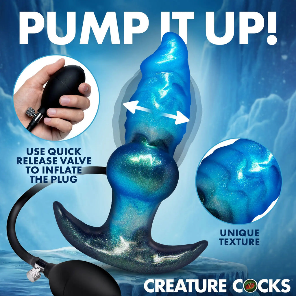 Creature Cocks Blizzard: A sparkly, blue inflatable silicone anal plug with a pump, shown with texture and valve details.