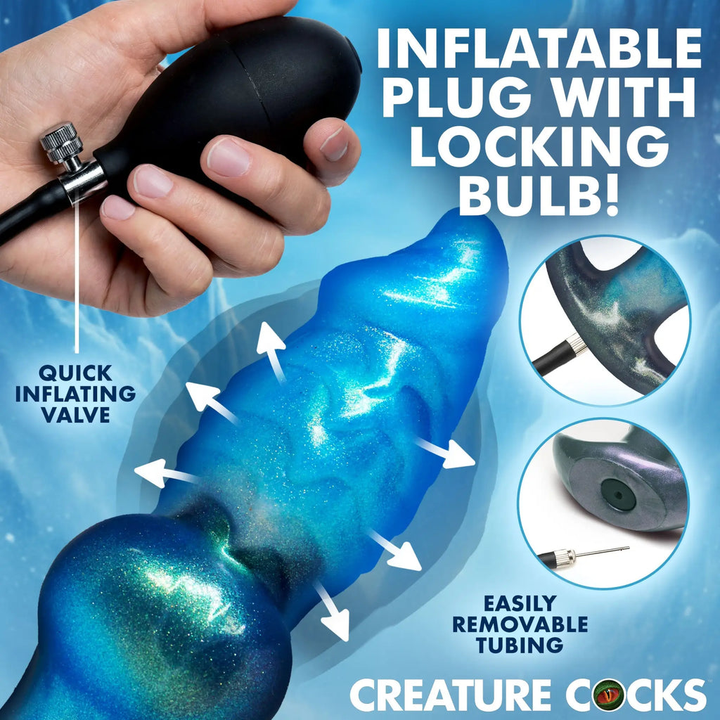 Creature Cocks Blizzard inflatable blue glitter silicone anal plug with hand pump, locking valve, and removable tubing.