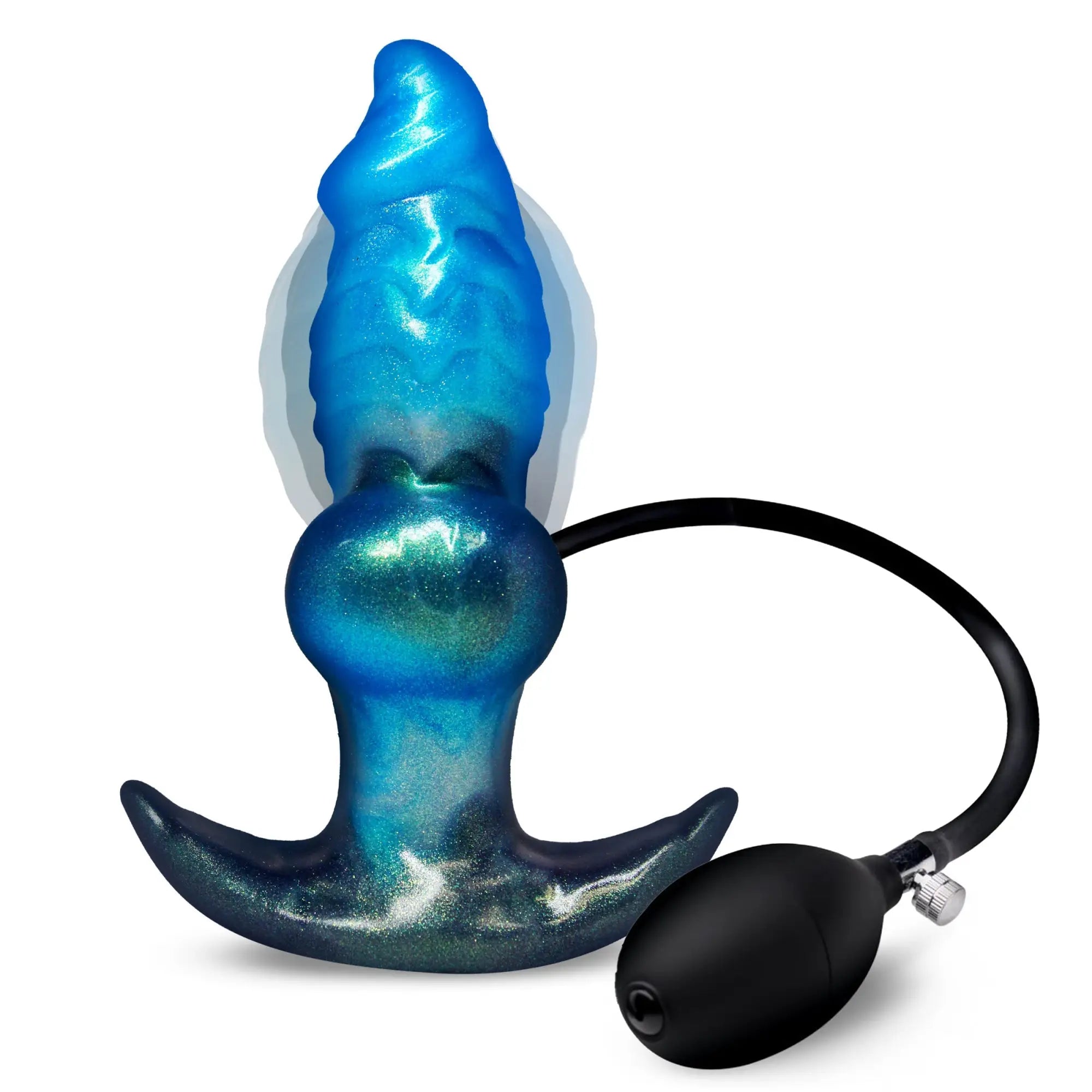 Creature Cocks Blizzard inflatable silicone anal plug in a shimmering blue gradient with a black inflation pump.