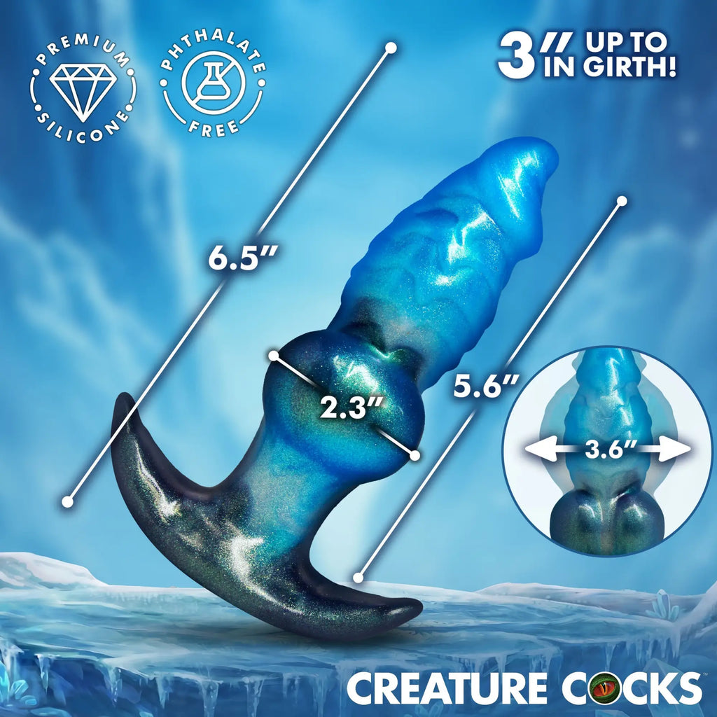 Creature Cocks Blizzard inflatable blue, glittery silicone anal plug with measurement labels on a frosty background.