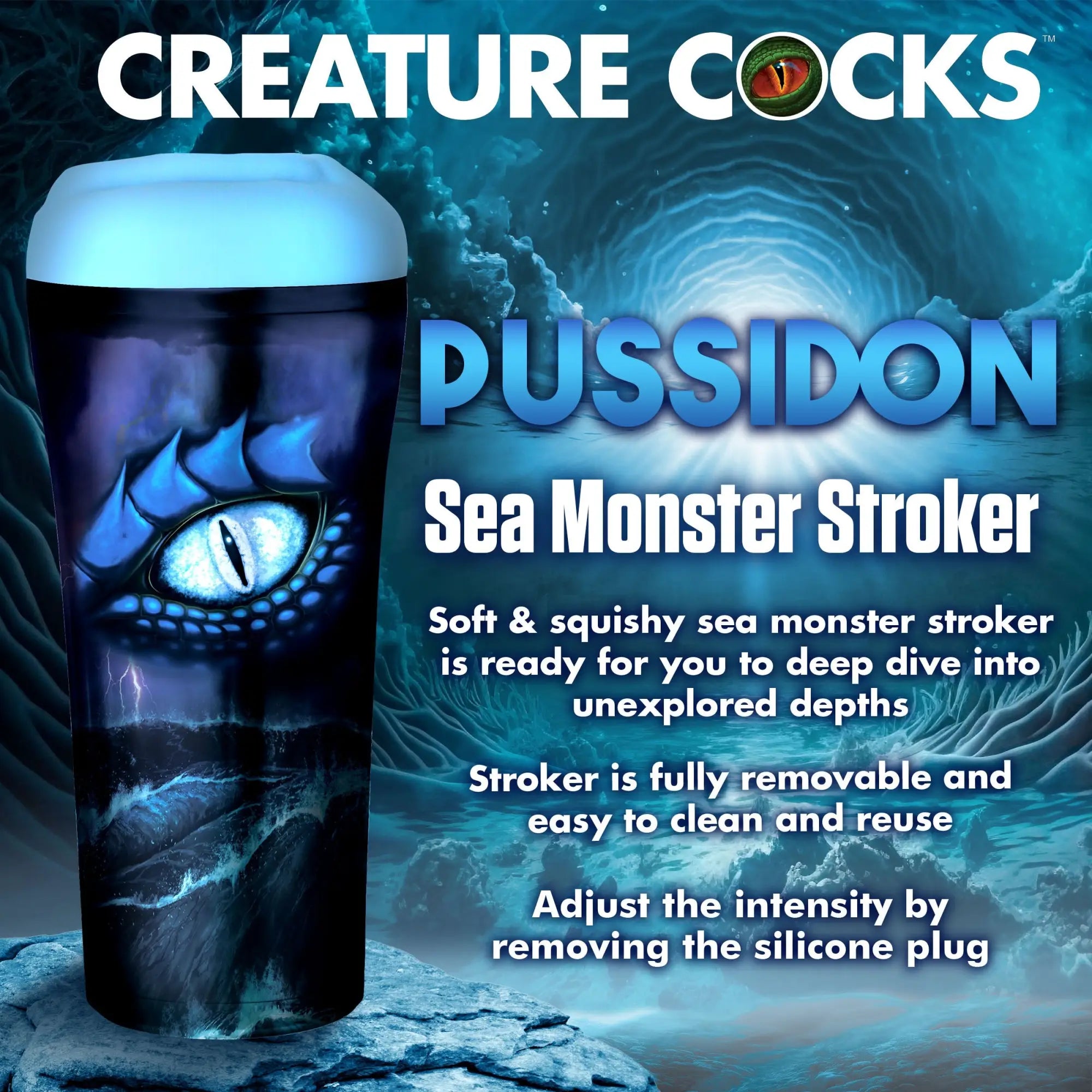 Creature Cocks Pussidon Sea Monster stroker: a blue, cylindrical sleeve featuring an eye and ocean-themed graphic design.