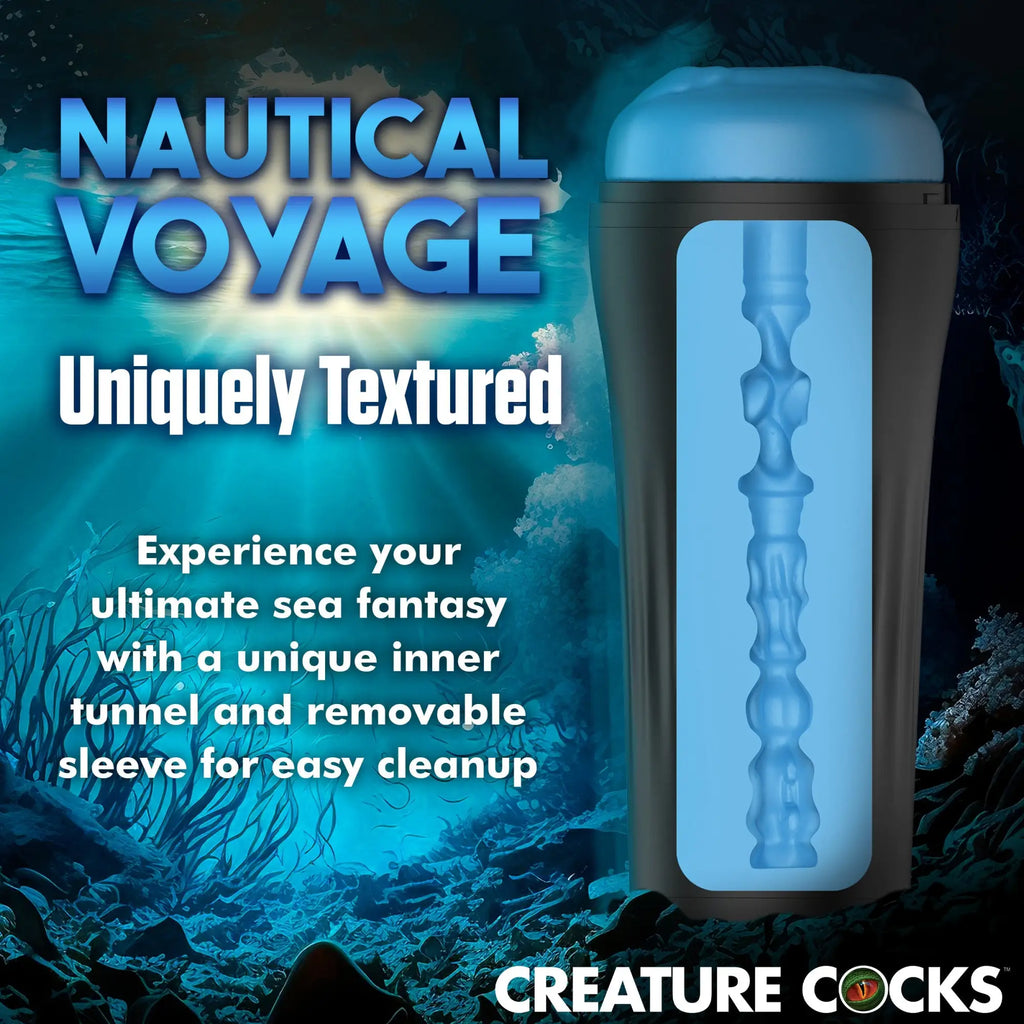 Creature Cocks Bussidon Sea Monster stroker with a black case and a textured blue silicone inner sleeve.