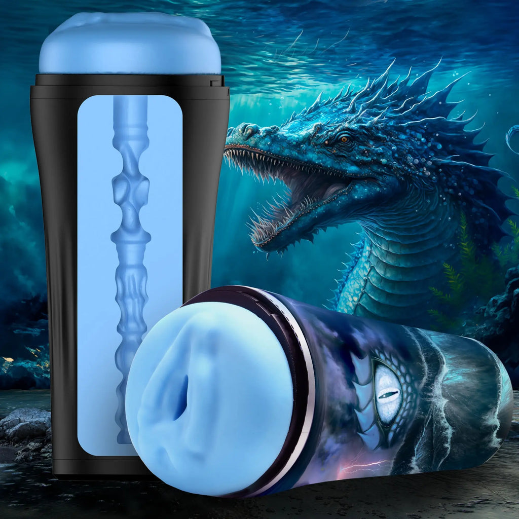 Creature Cocks Bussidon stroker: a blue, textured masturbator with a sea monster graphic, shown upright and tilted.