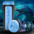 Creature Cocks Bussidon stroker: a blue, textured masturbator with a sea monster graphic, shown upright and tilted.