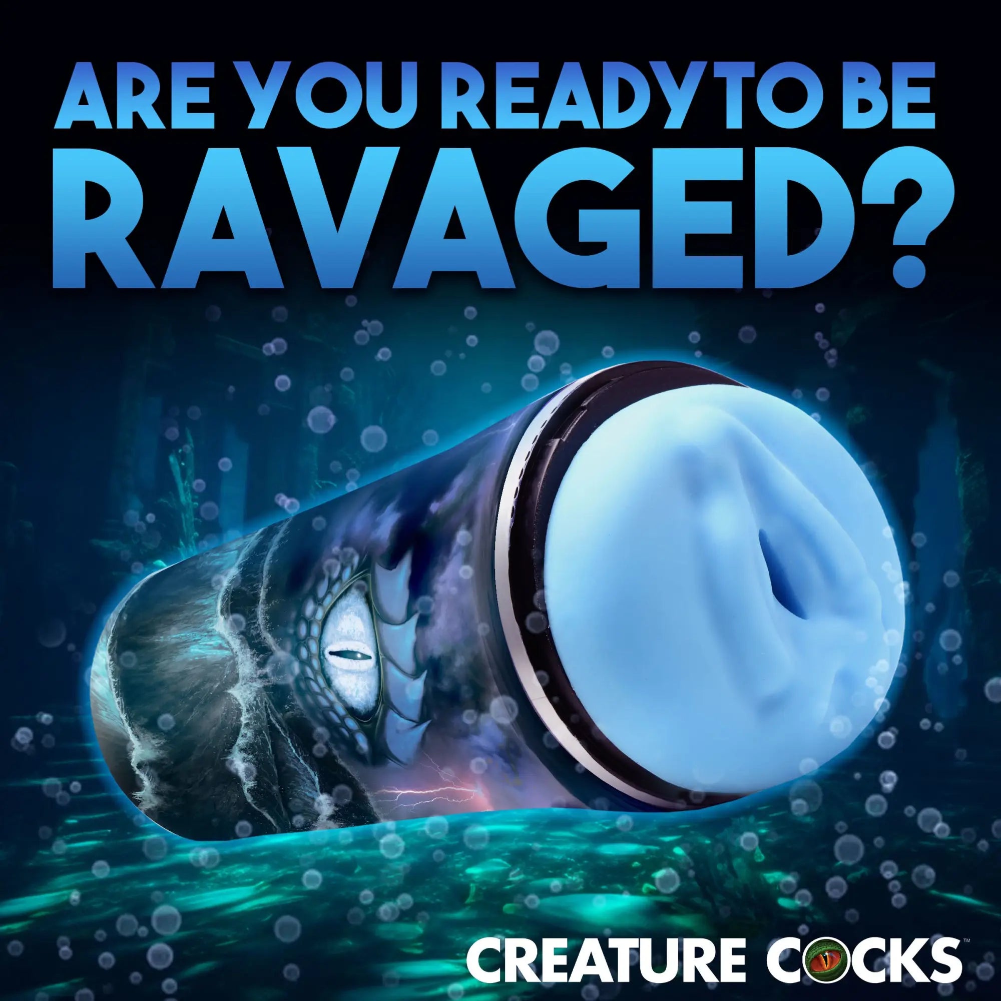 Creature Cocks Bussidon Sea Monster stroker with a textured light blue internal sleeve and ocean-themed casing.
