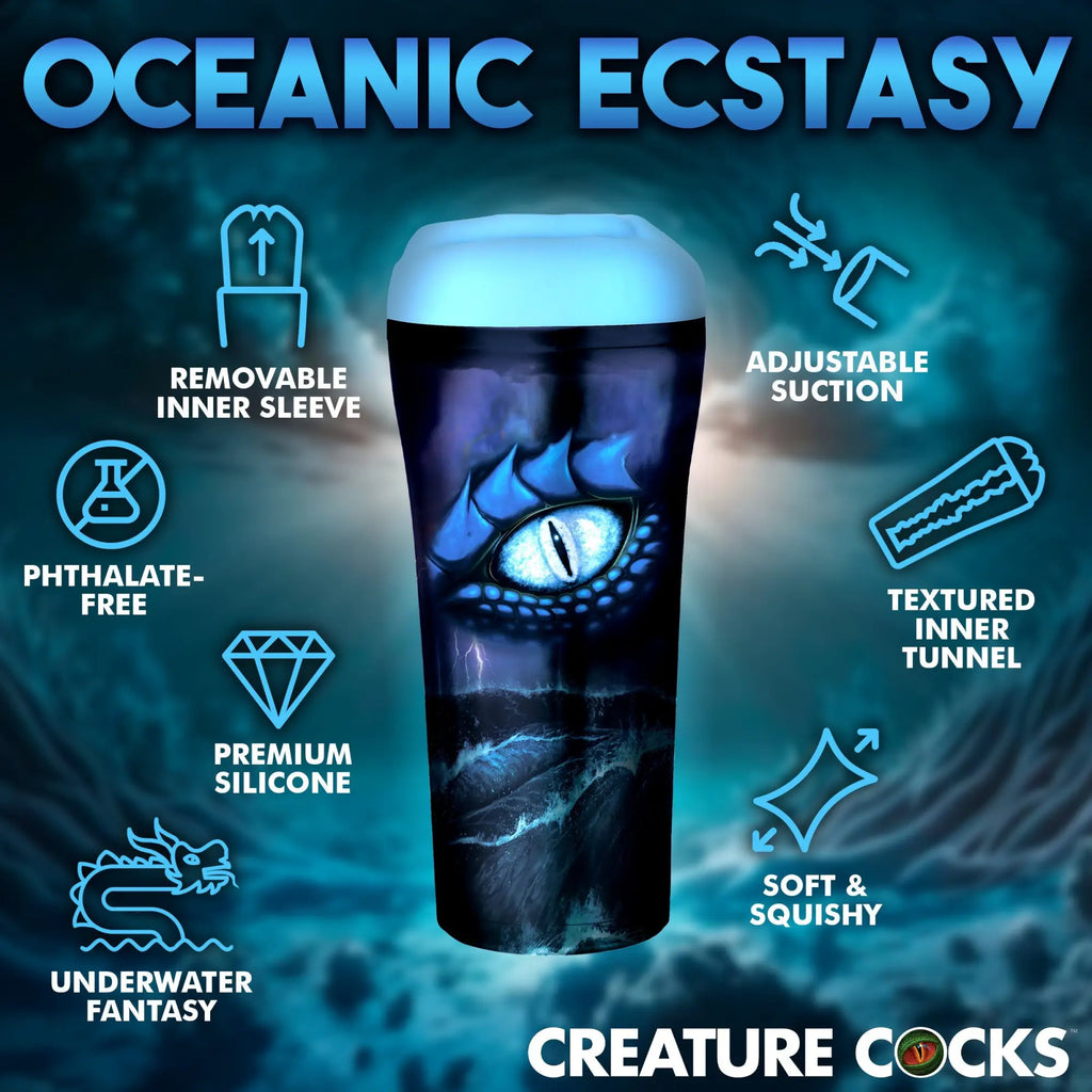 Creature Cocks Bussidon Sea Monster stroker with blue creature-eye graphics and white sleeve, plus feature icons.