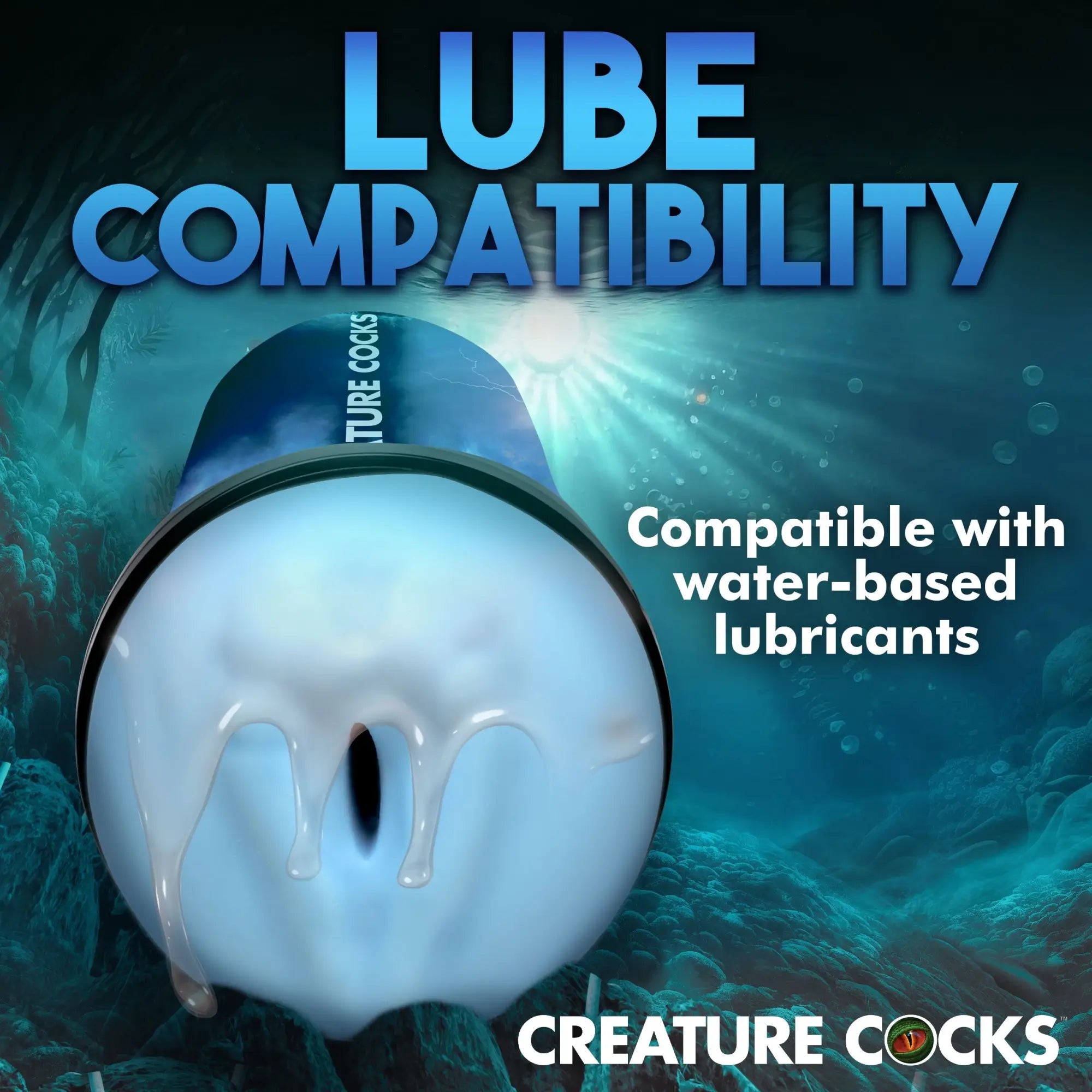Creature Cocks Bussidon Sea Monster stroker with a blue textured sleeve, shown against an underwater background.