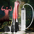 Creature Cocks Centaur Explosion dildo: a red and black textured silicone toy connected to a fluid-squirting syringe.