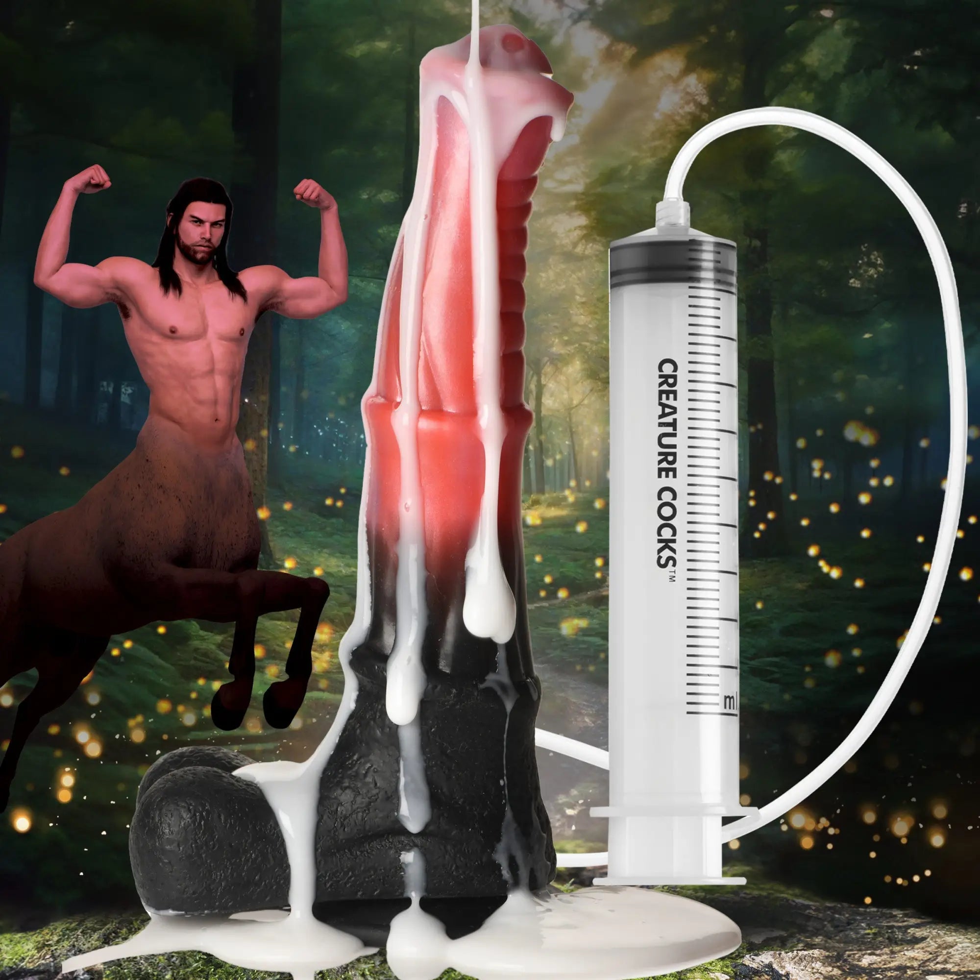 Creature Cocks Centaur Explosion dildo: a red and black textured silicone toy connected to a fluid-squirting syringe.