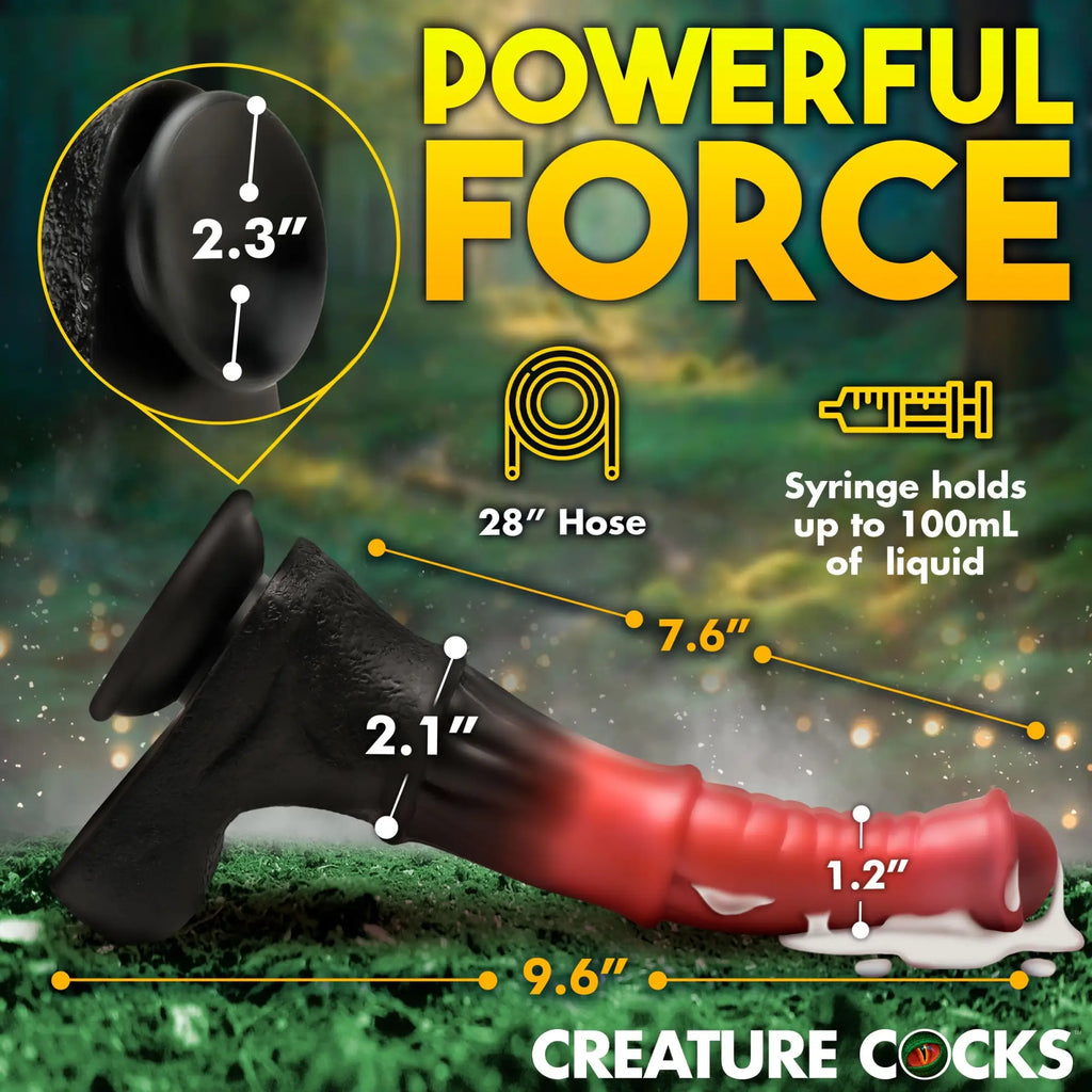 Creature Cocks Centaur squirting dildo with a black-to-red gradient, suction cup base, and size measurement labels.