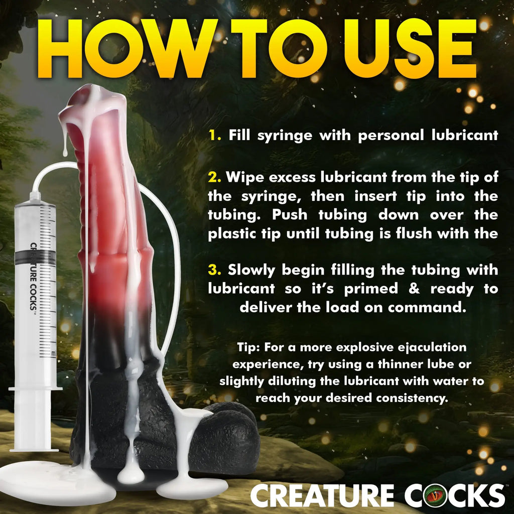 Creature Cocks Centaur squirting silicone dildo in red and black, shown with a syringe and instructional text.
