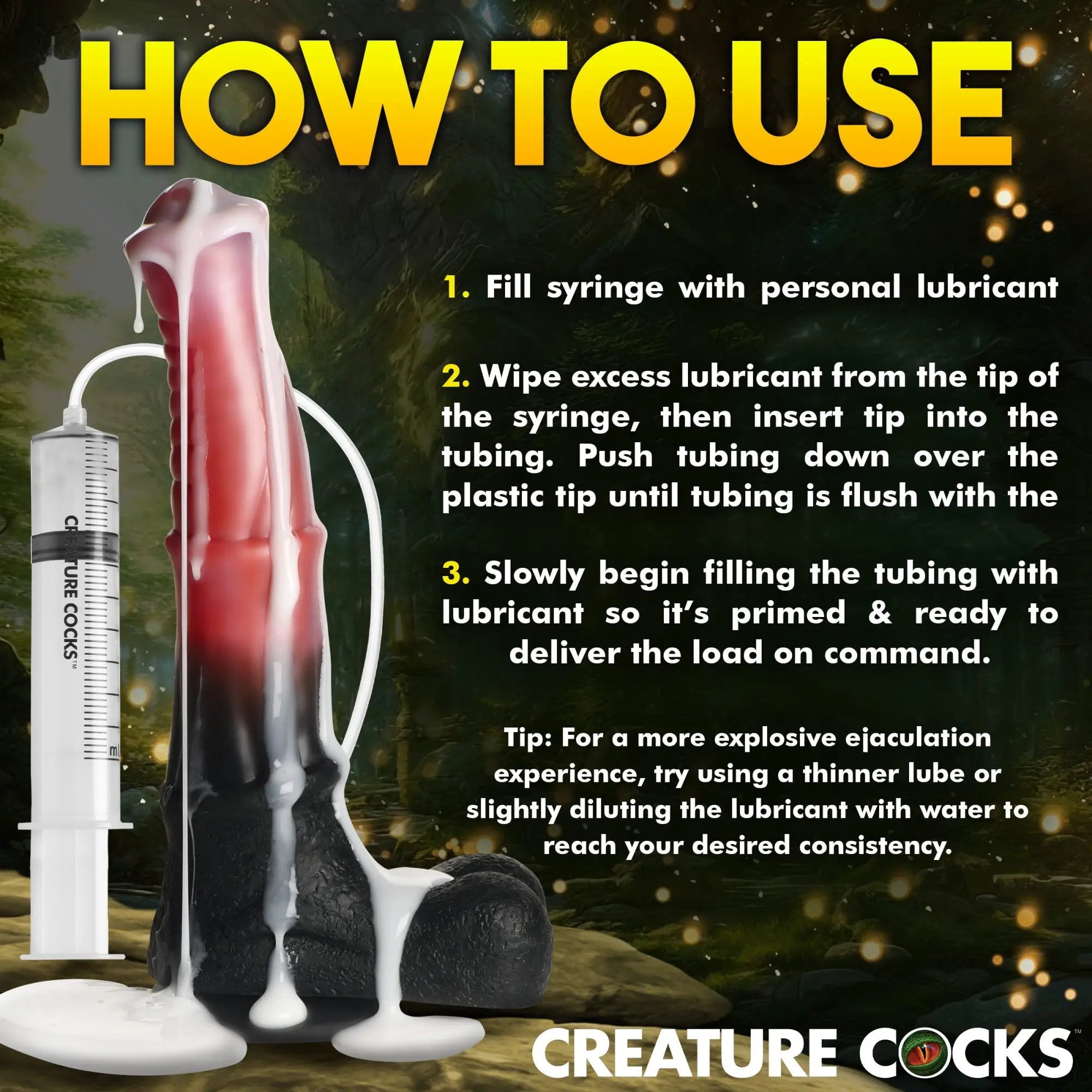 Creature Cocks Centaur squirting silicone dildo in red and black, shown with a syringe and instructional text.