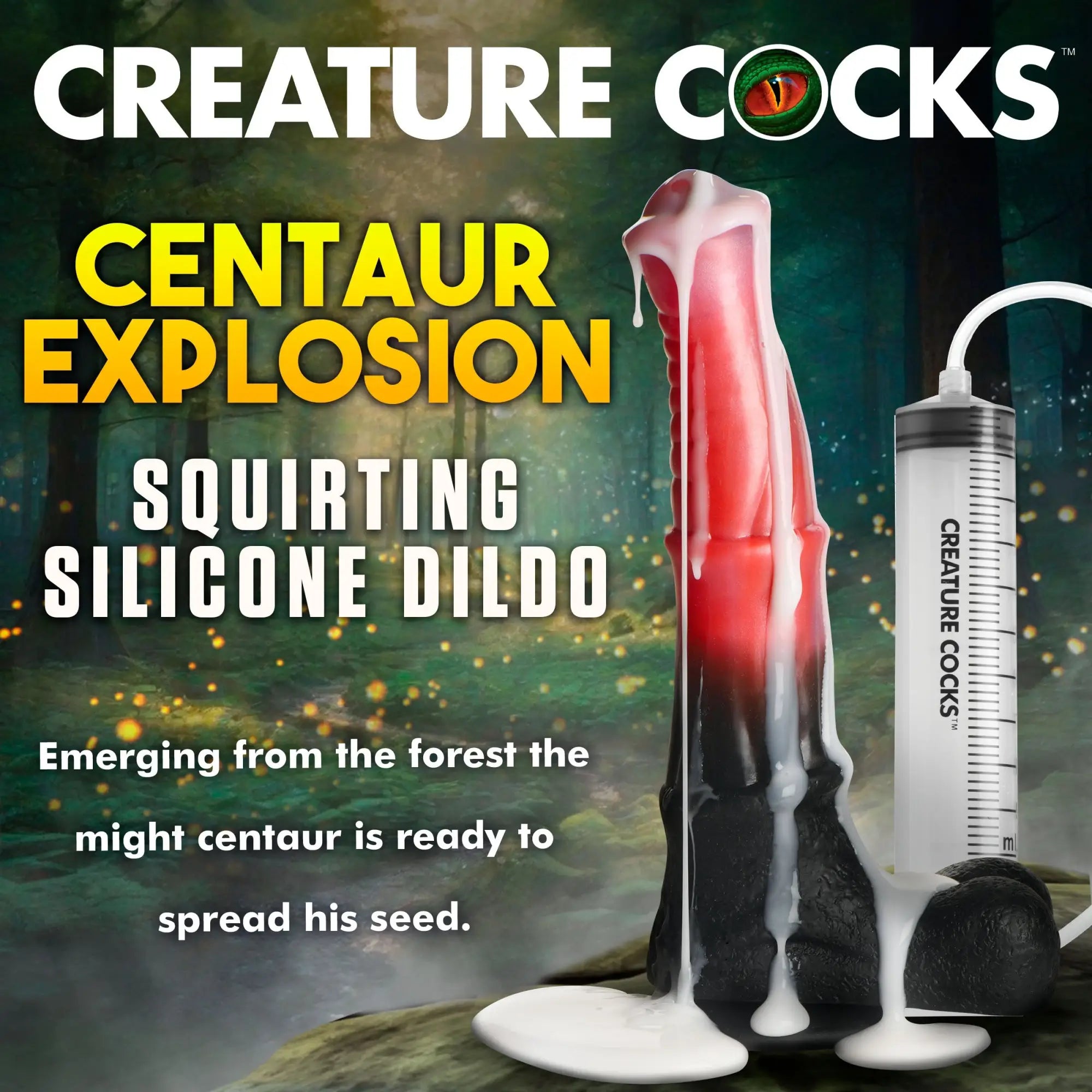 Red and black creature-style silicone dildo with squirting mechanism, against a forest background.