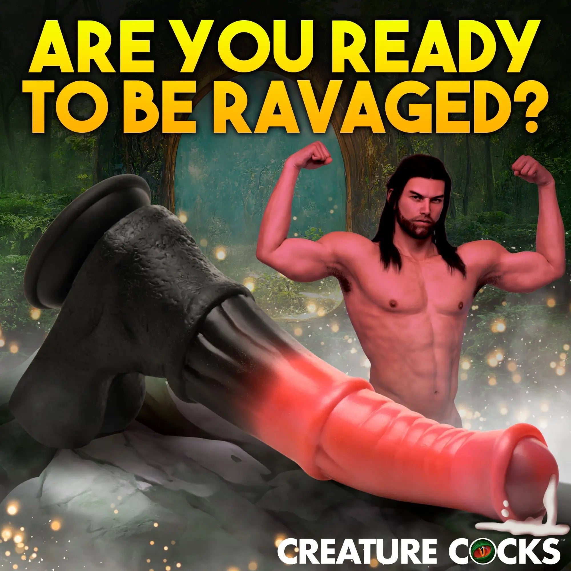Creature Cocks Centaur Explosion dildo: a black-to-red gradient silicone toy in a fantasy forest with a muscular man.
