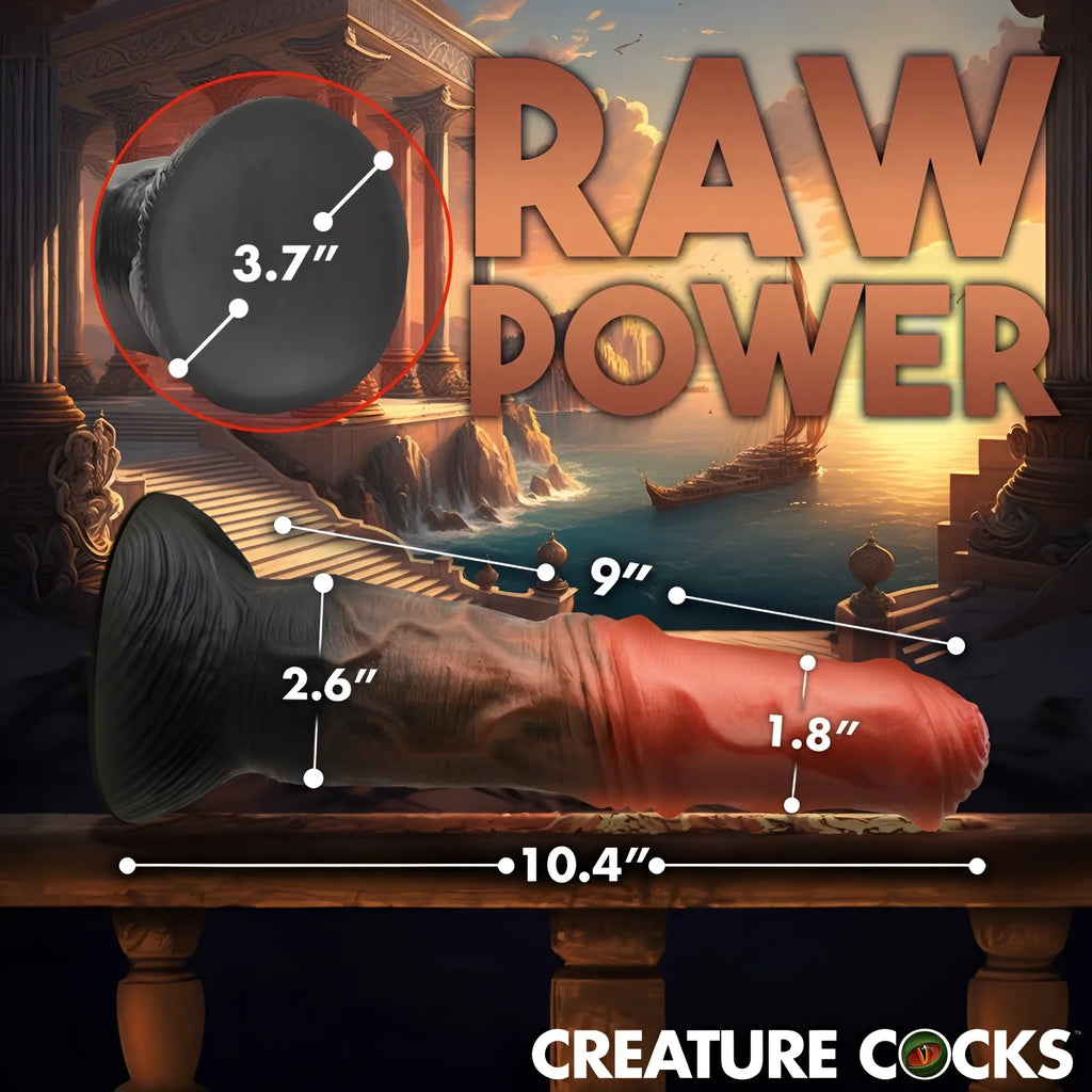 Creature Cocks Centaur dildo in black and red, shown with dimensional measurements against a fantasy coastal background.