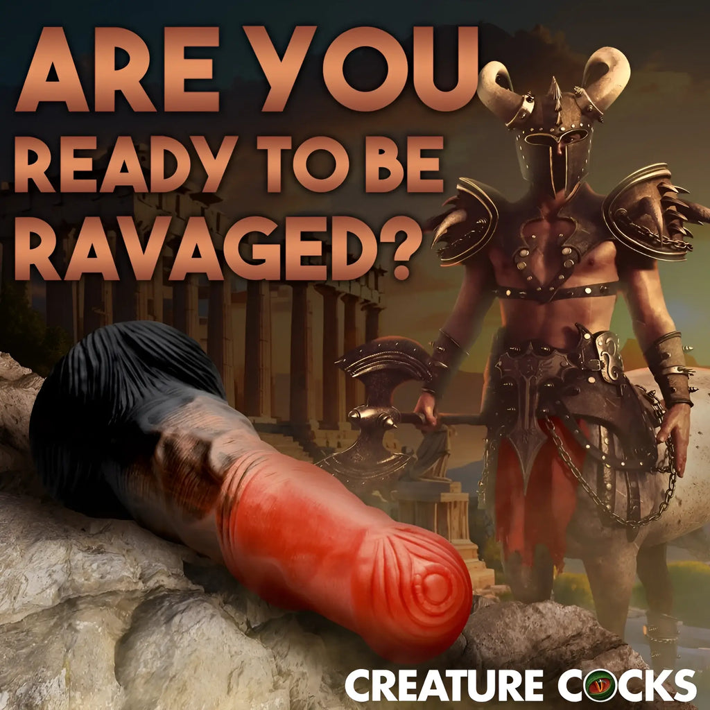 Creature Cocks Centaur silicone dildo, red and black textured fantasy design, displayed against a warrior centaur.