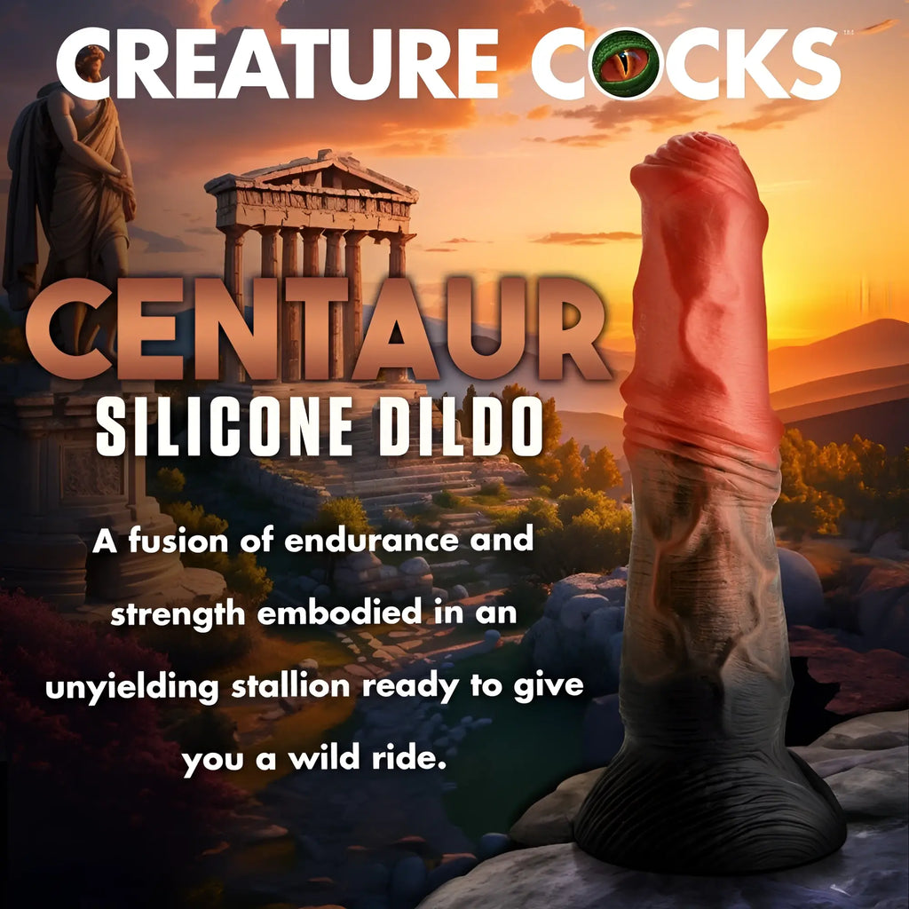 Creature Cocks Centaur silicone dildo, featuring a two-tone red and black textured shaft against a Greek temple backdrop.