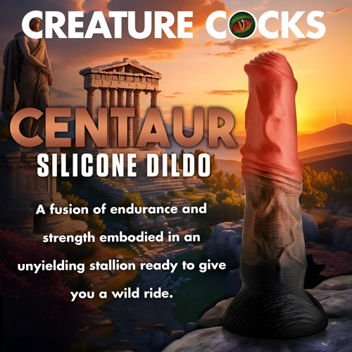 Creature Cocks Centaur silicone dildo, featuring a two-tone red and black textured shaft against a Greek temple backdrop.