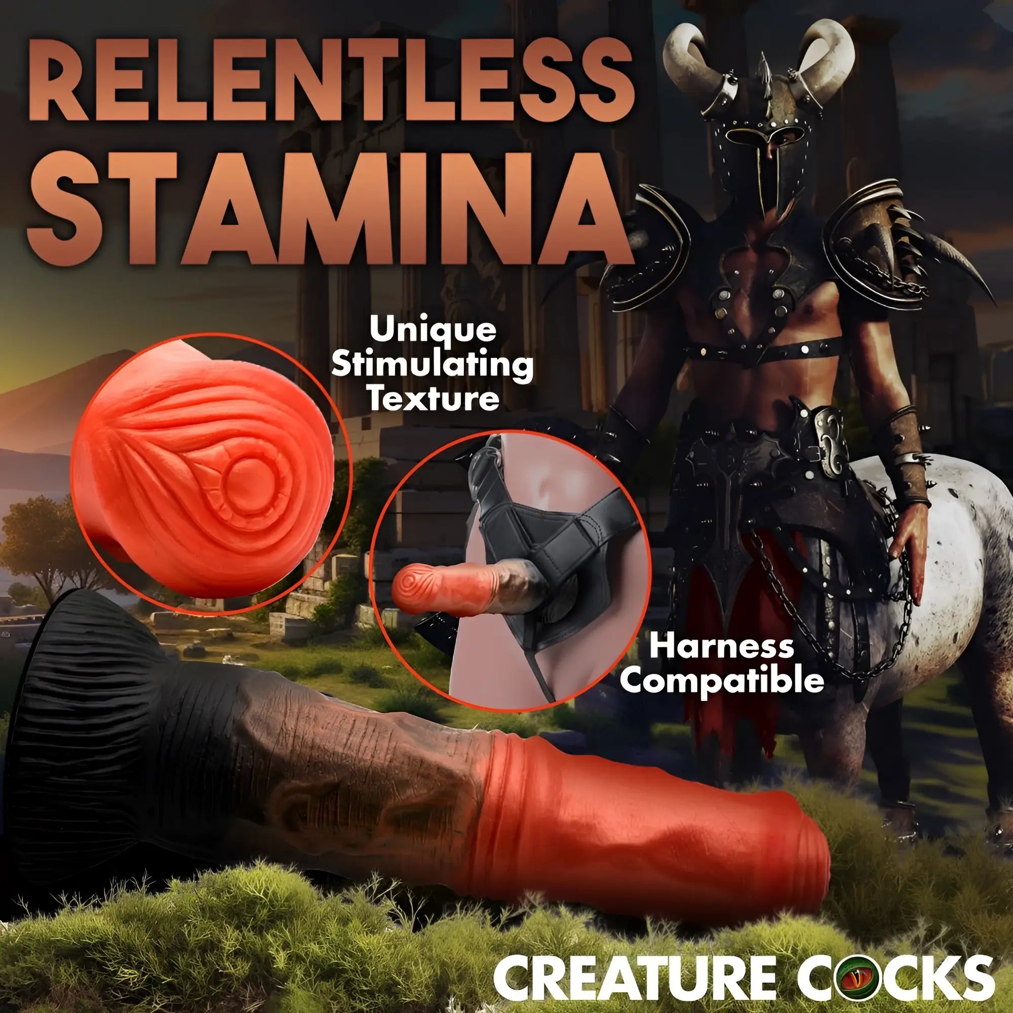 Creature Cocks Centaur dildo with textured red tip, dark base, and harness-compatible design against a fantasy background.