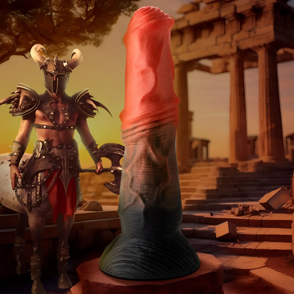 Creature Cocks Centaur silicone dildo: a red-to-dark-grey textured phallic toy with a warrior centaur background.
