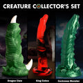 Creature Cock Collectors Set featuring three themed textured silicone toys: green Dragon Claw, red King Cobra, and green.