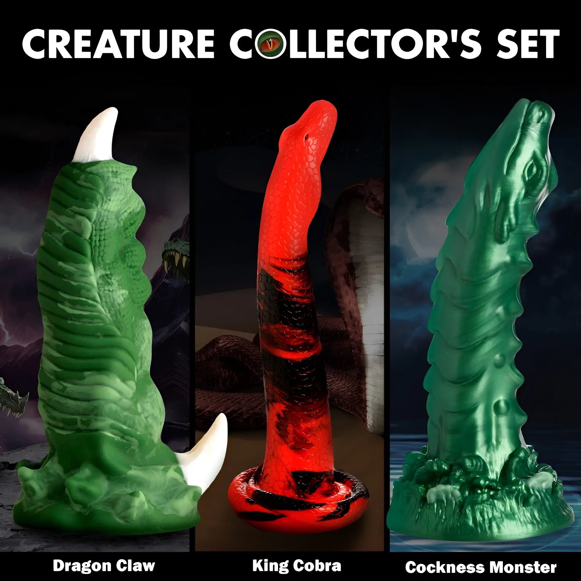 Creature Cock Collectors Set featuring three themed textured silicone toys: green Dragon Claw, red King Cobra, and green.