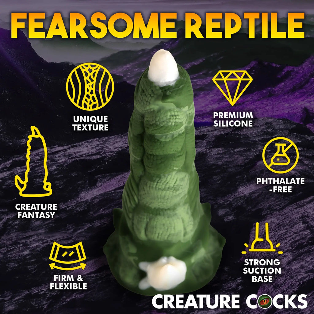 Creature Cocks Fearsome Reptile: A textured, dark green fantasy dildo with a white tip and suction base.