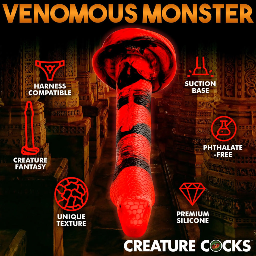 Creature Cocks Venomous Monster dildo in red and black snake-like scales with features listed around it.