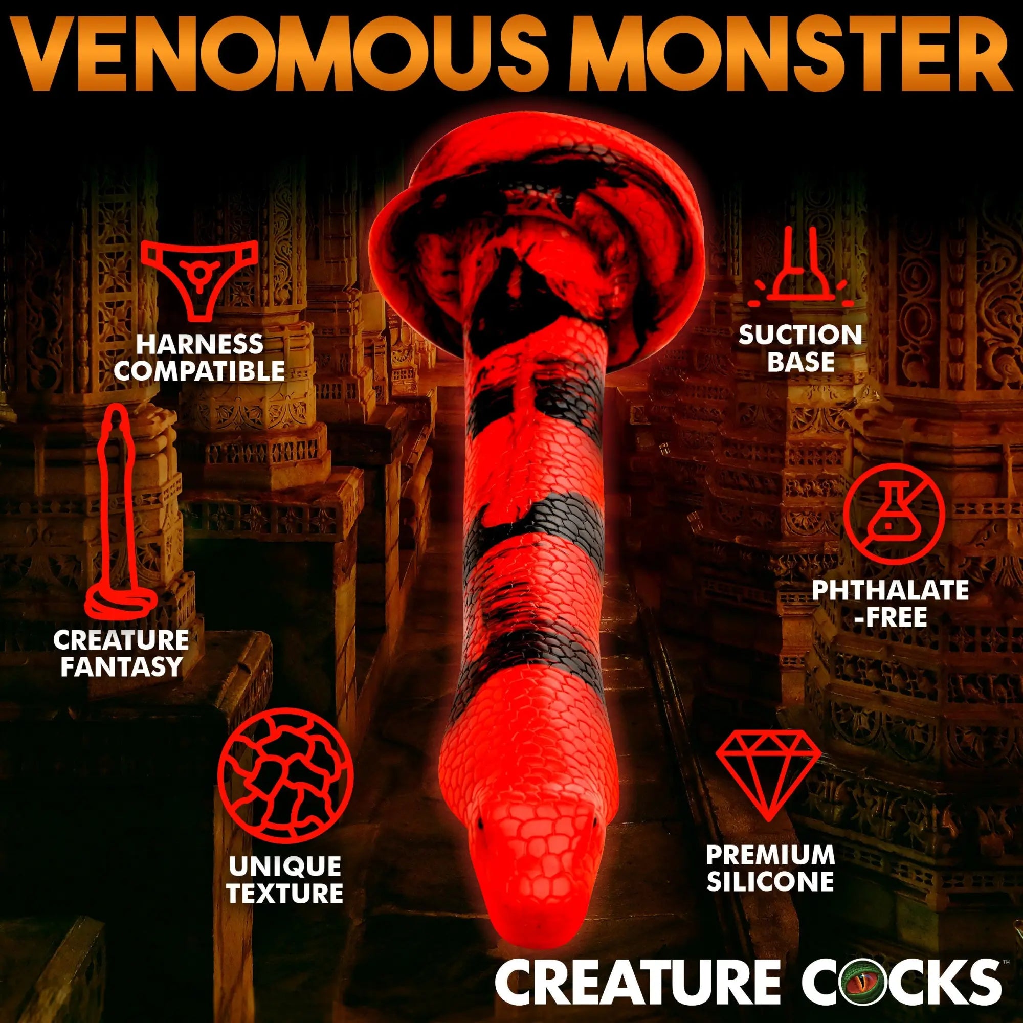 Creature Cocks Venomous Monster dildo in red and black snake-like scales with features listed around it.