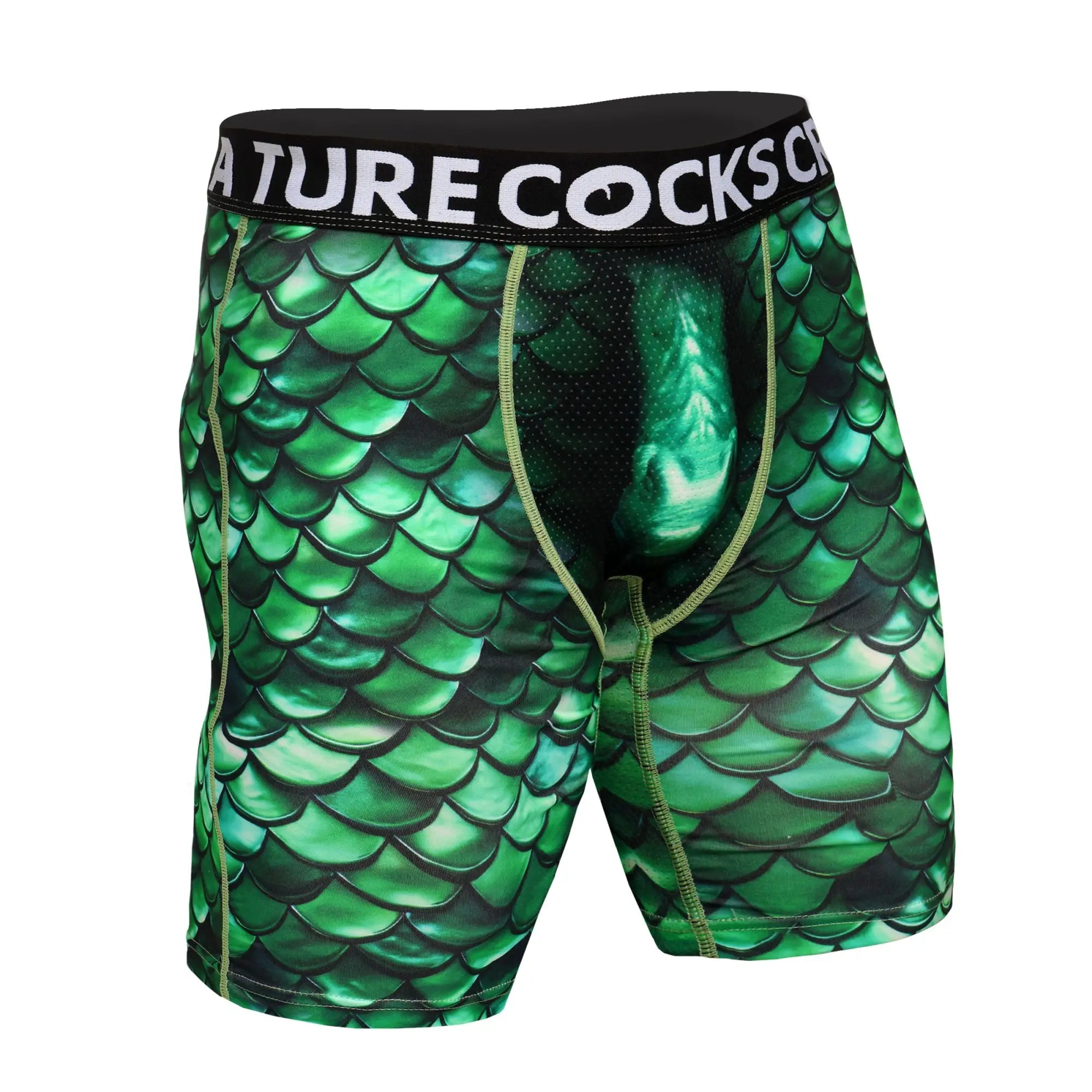 Creature Cocks Cockness Monster boxer briefs featuring a green dragon scale print and black branded waistband.
