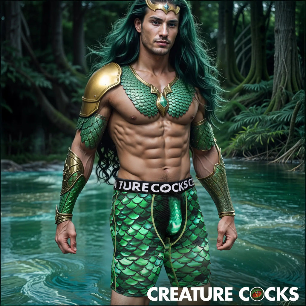 Creature Cocks Cockness Monster boxer shorts: green, scale-patterned athletic underwear on a male model in a lake.