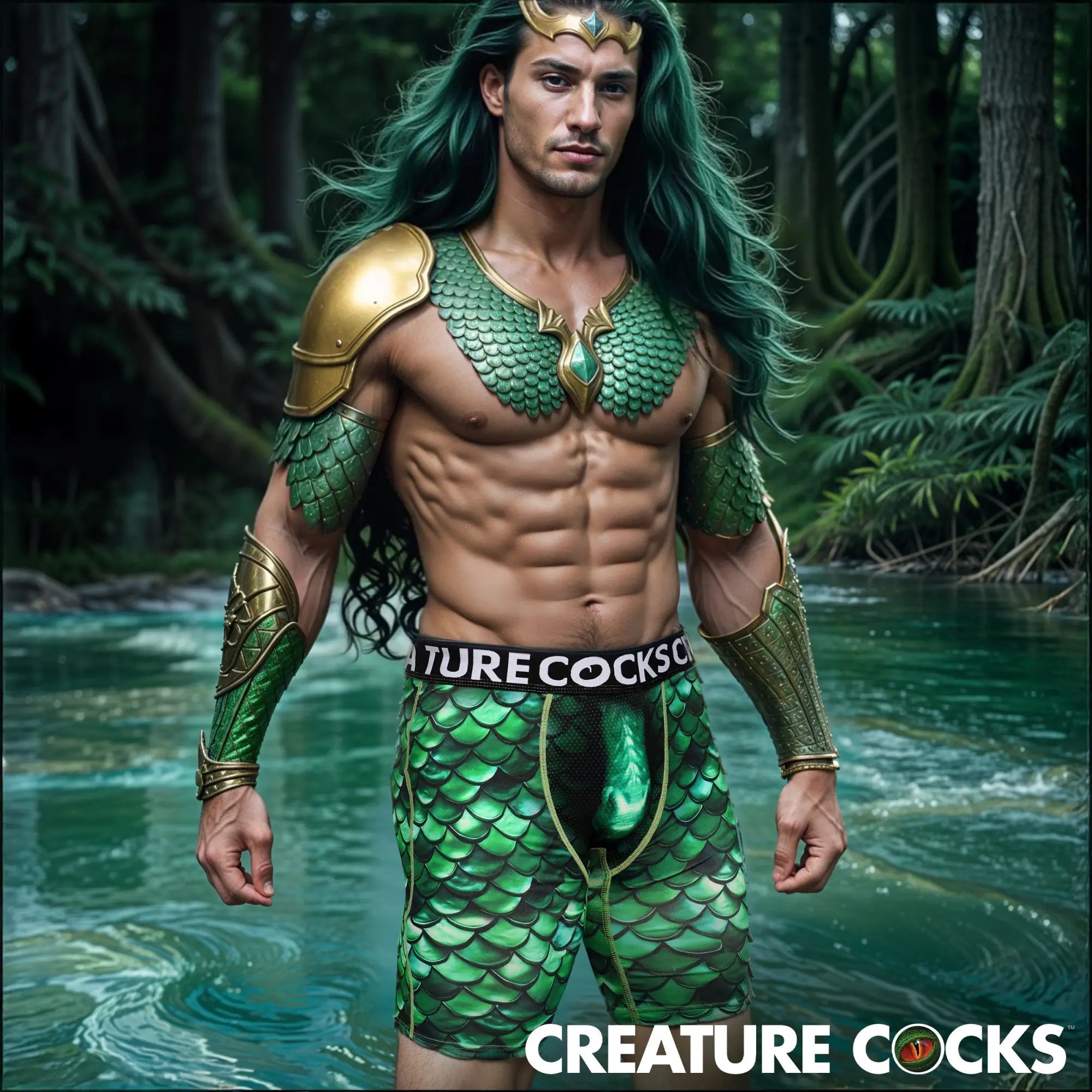 Creature Cocks Cockness Monster boxer shorts: green, scale-patterned athletic underwear on a male model in a lake.