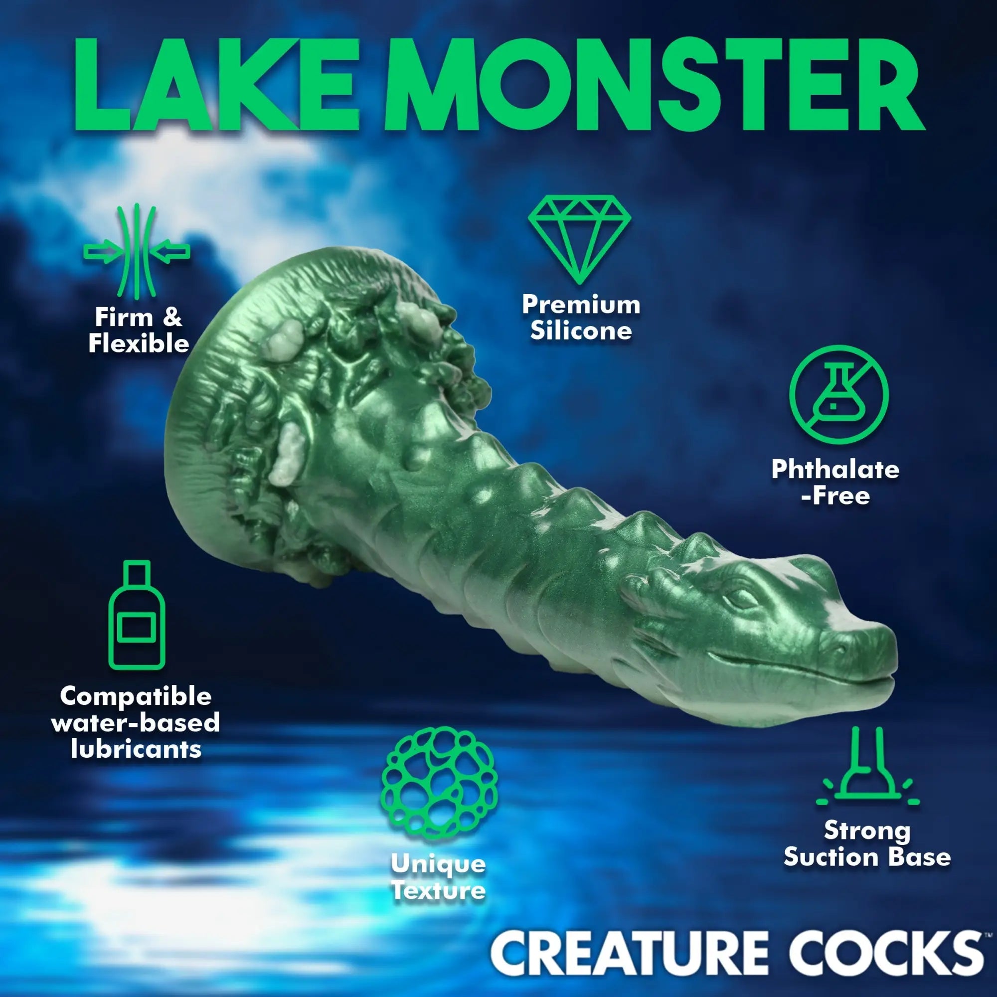 Green Creature Cocks Cockness Monster silicone dildo featuring a detailed creature head design and textured base.
