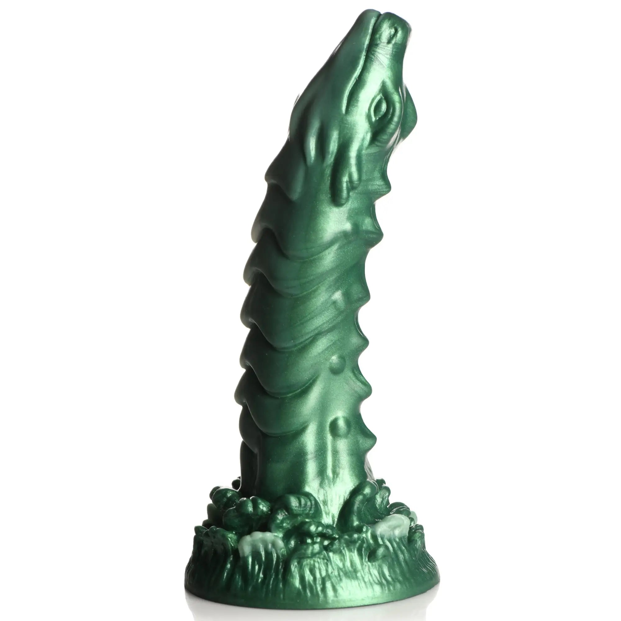 Creature Cocks Cockness Monster silicone dildo in a shimmering metallic green, featuring a lake monster head and scales.