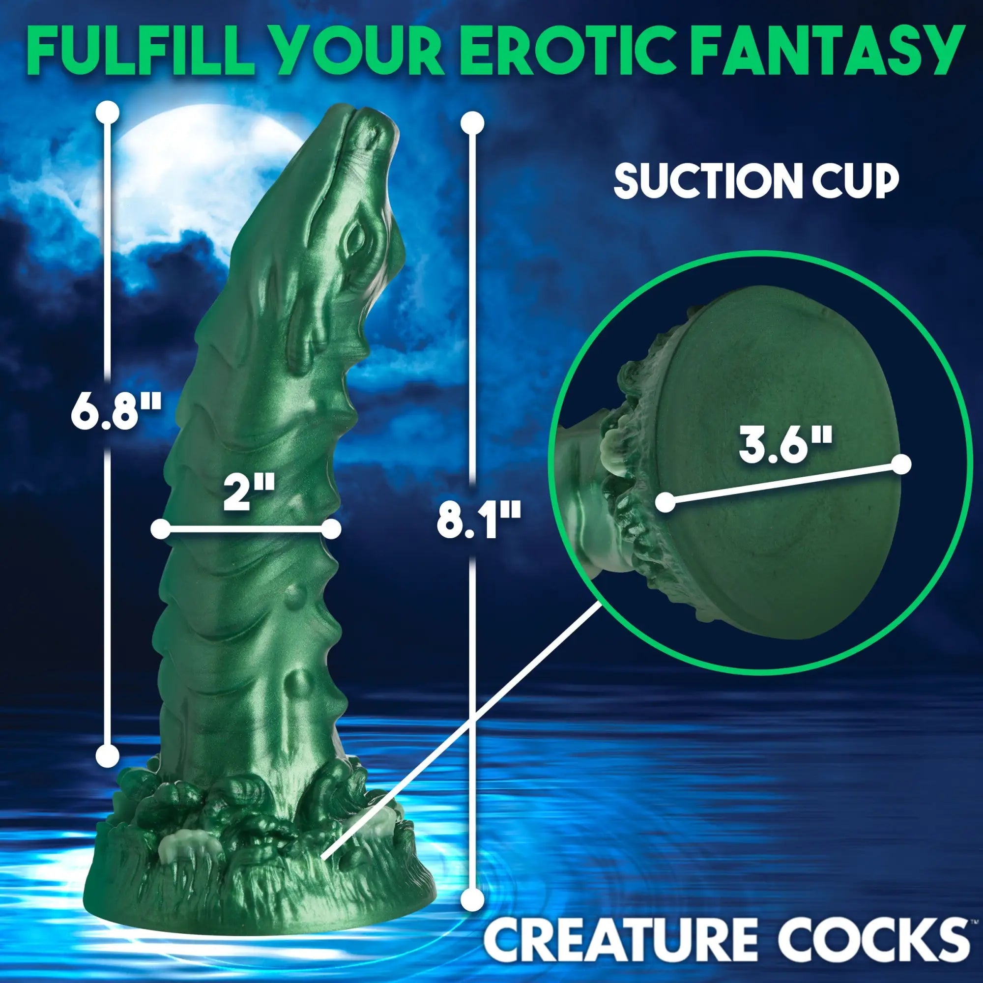 Creature Cocks Cockness Monster green silicone dildo with a monster-head tip, textured body, and suction cup base.